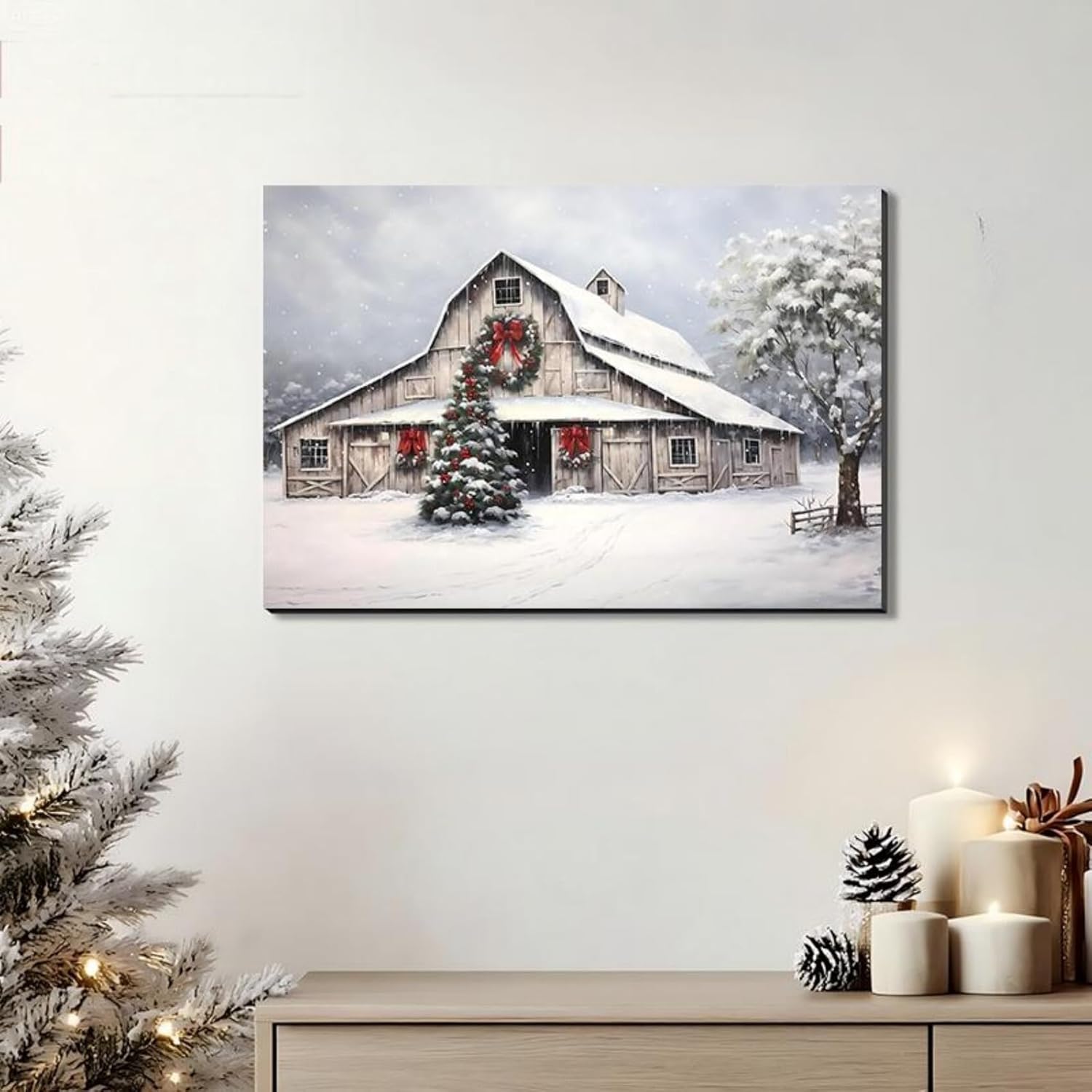 Framed Christmas Wall Art 24x36inch, Farmhouse Barn Pictures Wall Decor Winter snow Scene Canvas Painting Print Home Artwork Decorations for Bathroom Living Room Bedroom
