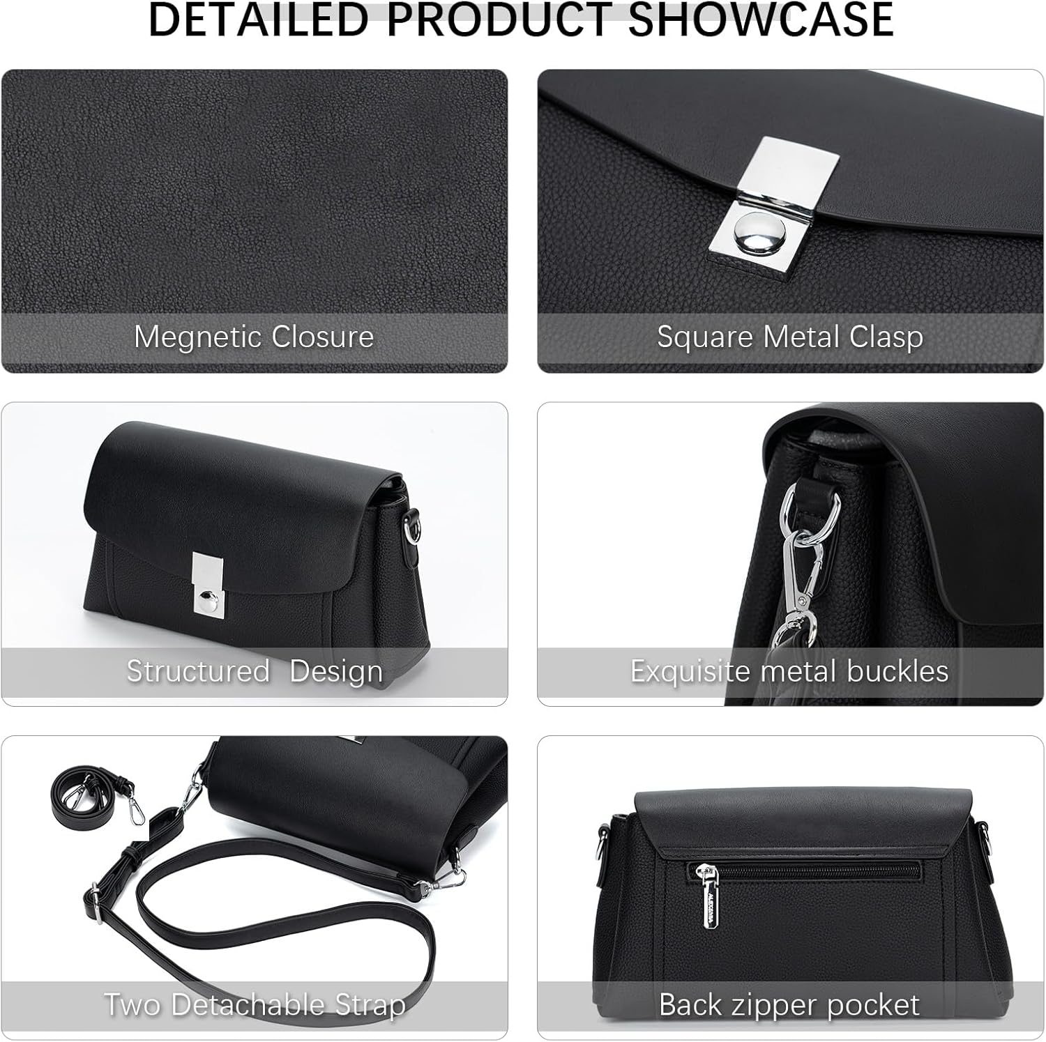 ALEX&MIA Versatile Shoulder Bag with Magnetic Flap Closure, Detachable Straps, 3-Compartment Design, Crossbody Bag