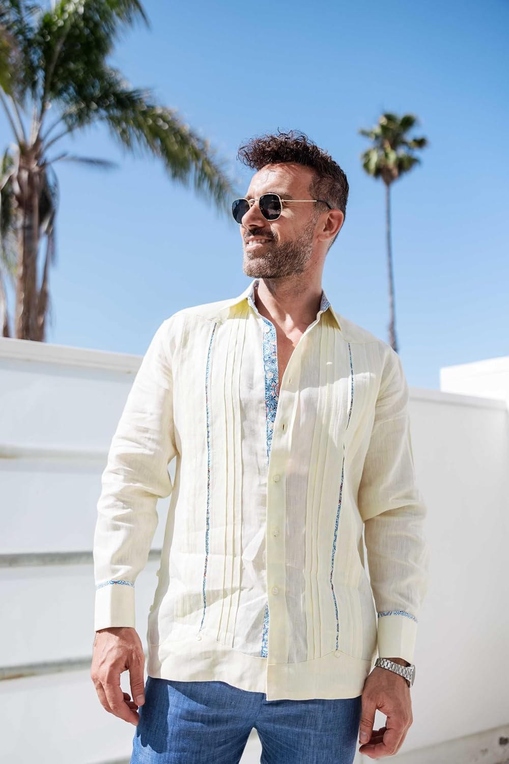 Mojito Men's 100% Linen Guayabera Chacabana Shirt Long Sleeve - Floral Contrast Trim & Blue Embroidery - Image 3