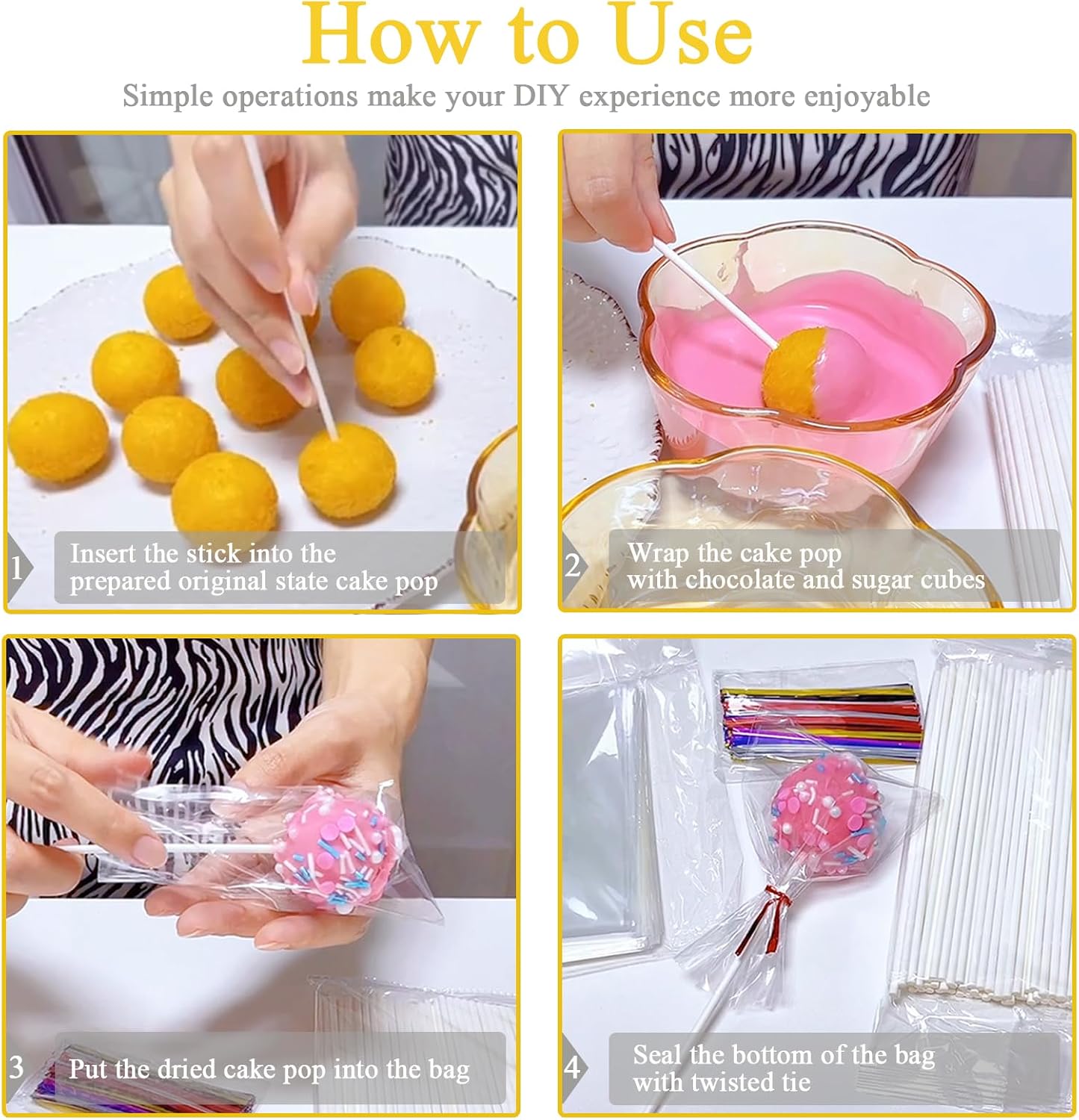 300Pcs CHELIZIYA 6-inch Paper Cake Pop Sticks and Wrappers Gold Ties