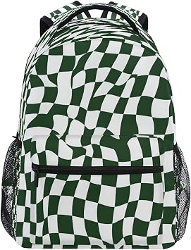 Backpacks for School, Checked Pattern Green School Bag for Boys Girls Kids, 15 Inch Bookbags Bagpack for Travel