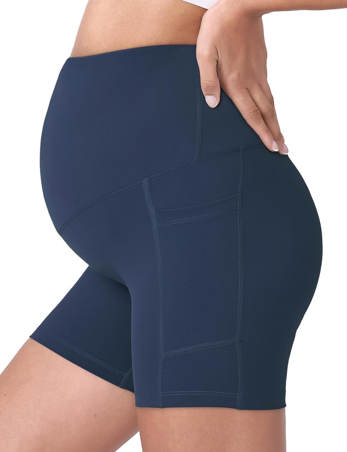 POSHDIVAH Women's Maternity Yoga Shorts Over The Belly Bump Summer Workout Running Active Short Pants with Pockets 5"/8" - Image 4