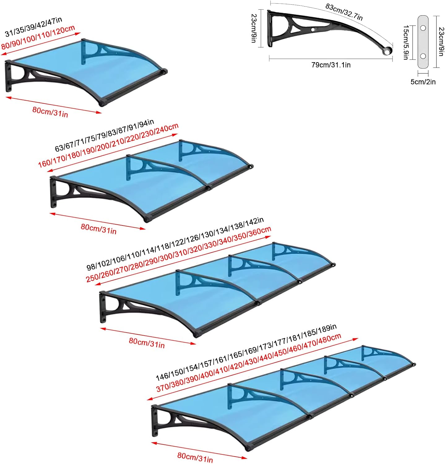 Aluminum Alloy Large Water Sink Front Door Canopy Outdoor Awning,UV Water Rain Resist Window Awning,Blue Polycarbonate Cover,60/80/100/120/150cm,for Courtyard Terraces Porch (80x110cm/31 x42