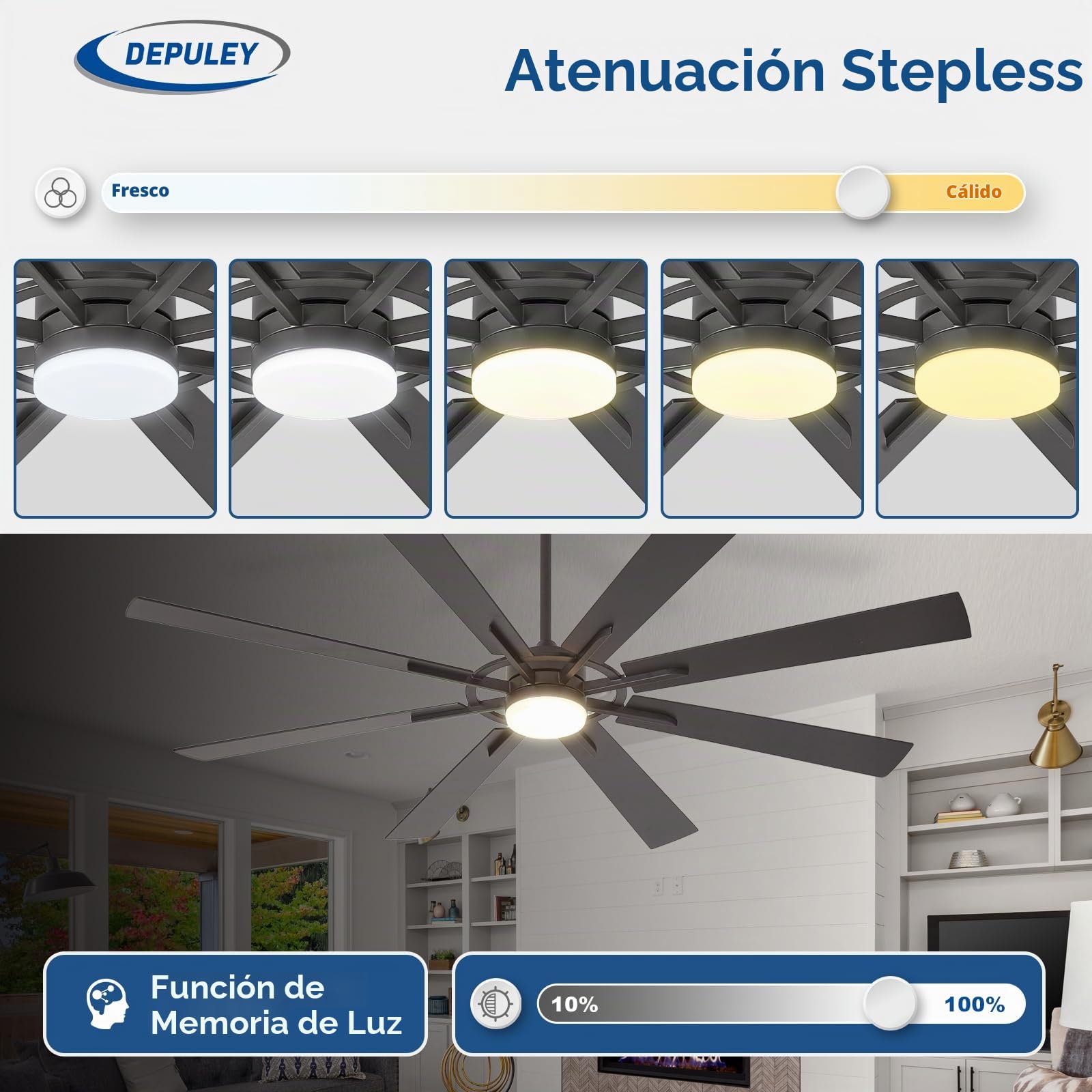 Depuley Ventiladores de techo grandes con luz: Ventilador de techo moderno de 72 pulgadas y 8 aspas para exteriores con mando a distancia - Luz regulable para ventilador grande negro