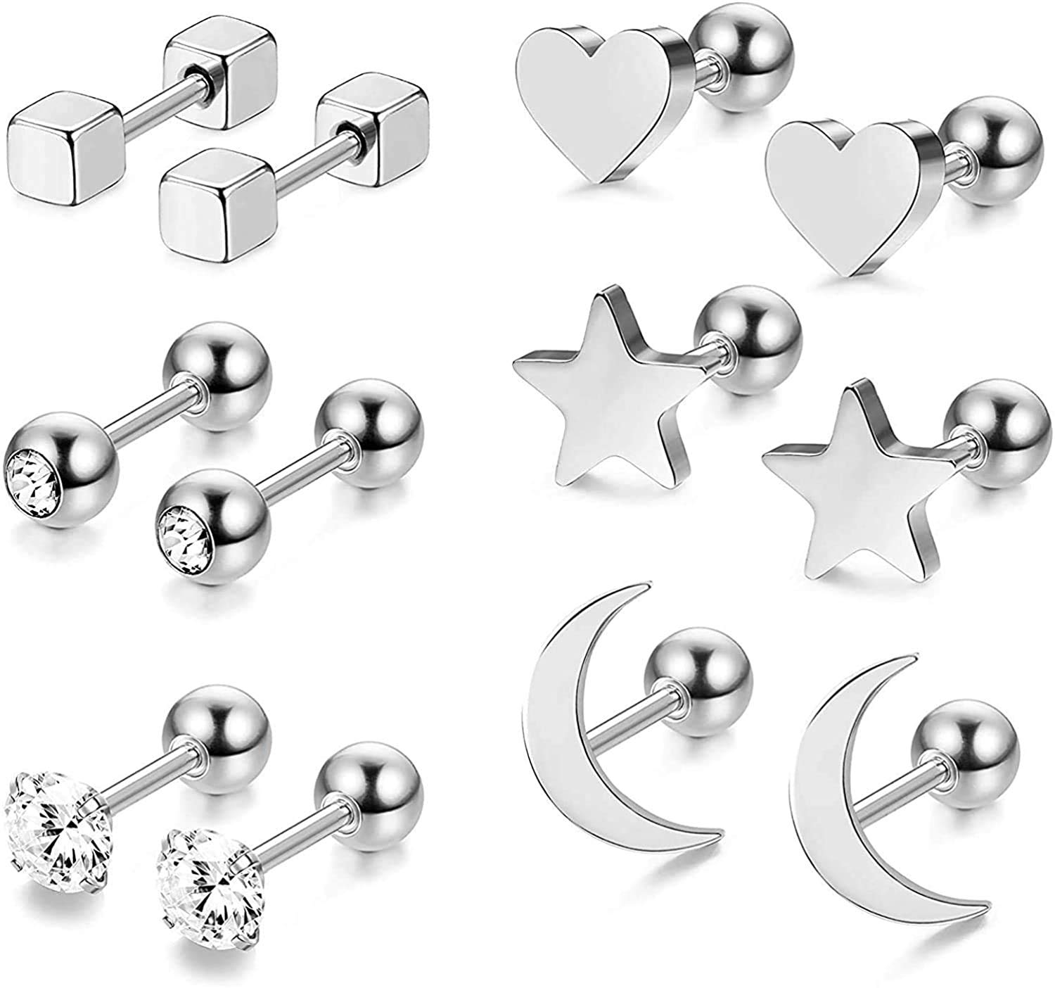 RUICHUANGS Pendientes Mujer Plata, Pendientes Piercing Oreja, Piercing Oreja Acero Quirurgico, Estrella Luna y Corazón, 6 Pares