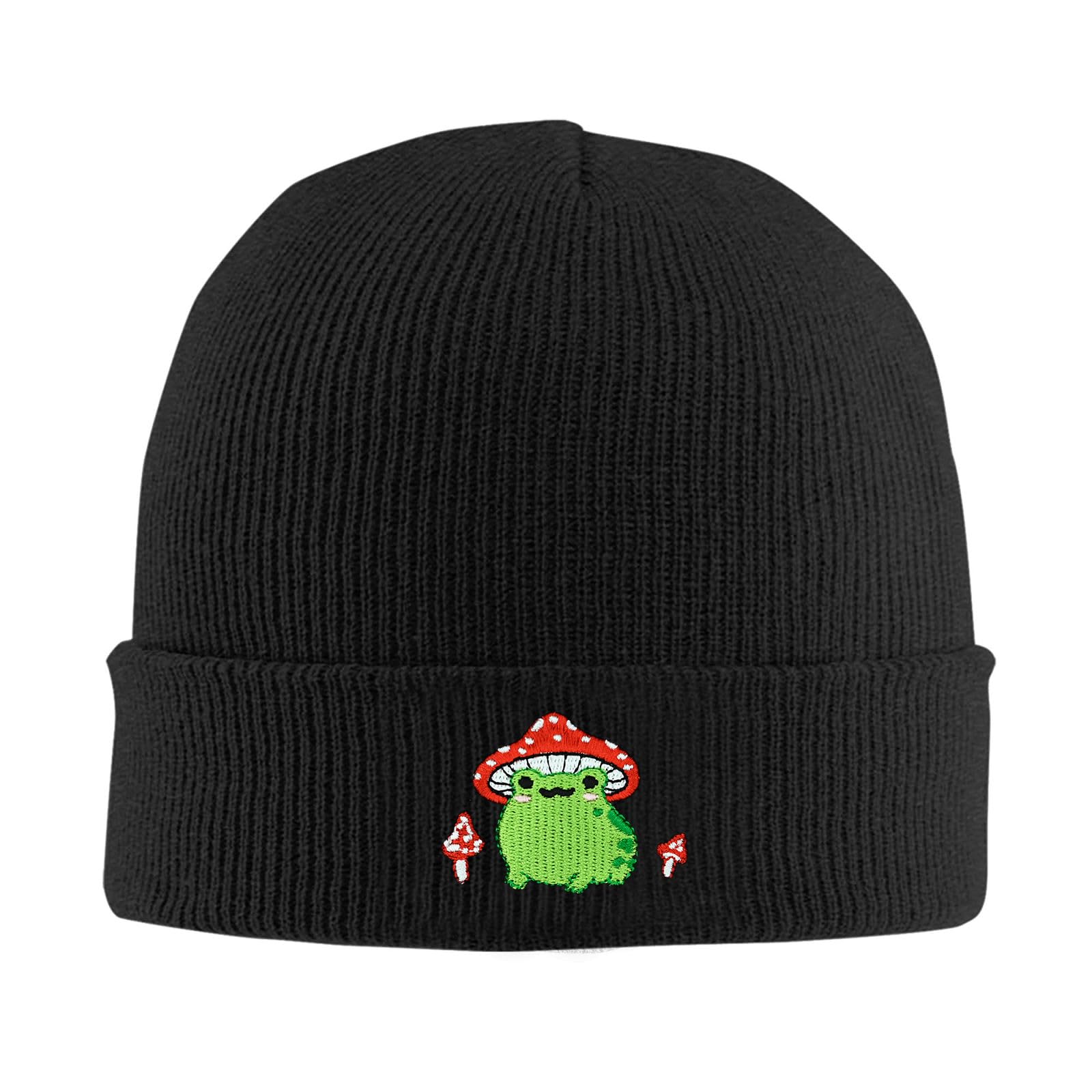 Athjunss Frogs Mushroom Embroidered Beanie Cap Soft Knit Hat for Women Men Chemo Sleep
