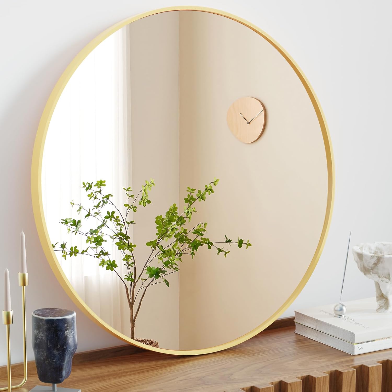 Round Wall Mirror, 24-Inch Gold Circle Bathroom Mirrors for Over Sink, Entryway, Living Room, Vanity