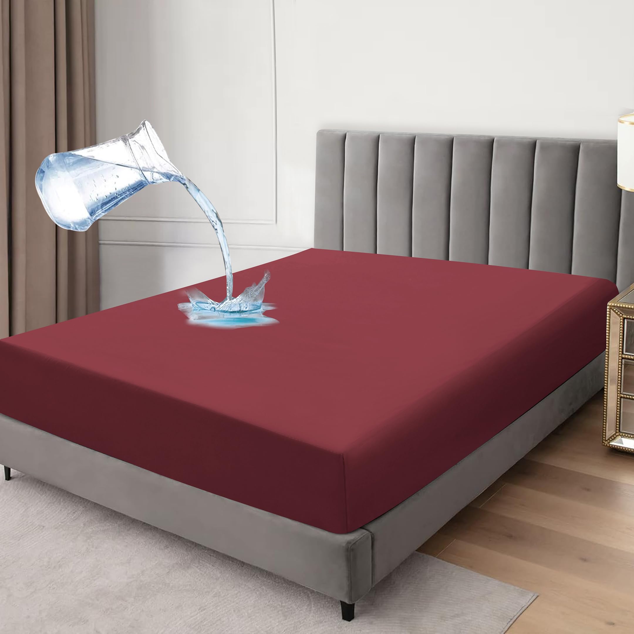 Waterproof Fitted Sheet Mattress Protector, Microfiber, Breathable Crinkle Free Deep Pocket 30cm Single Double King Super King (Burgundy, Super King)