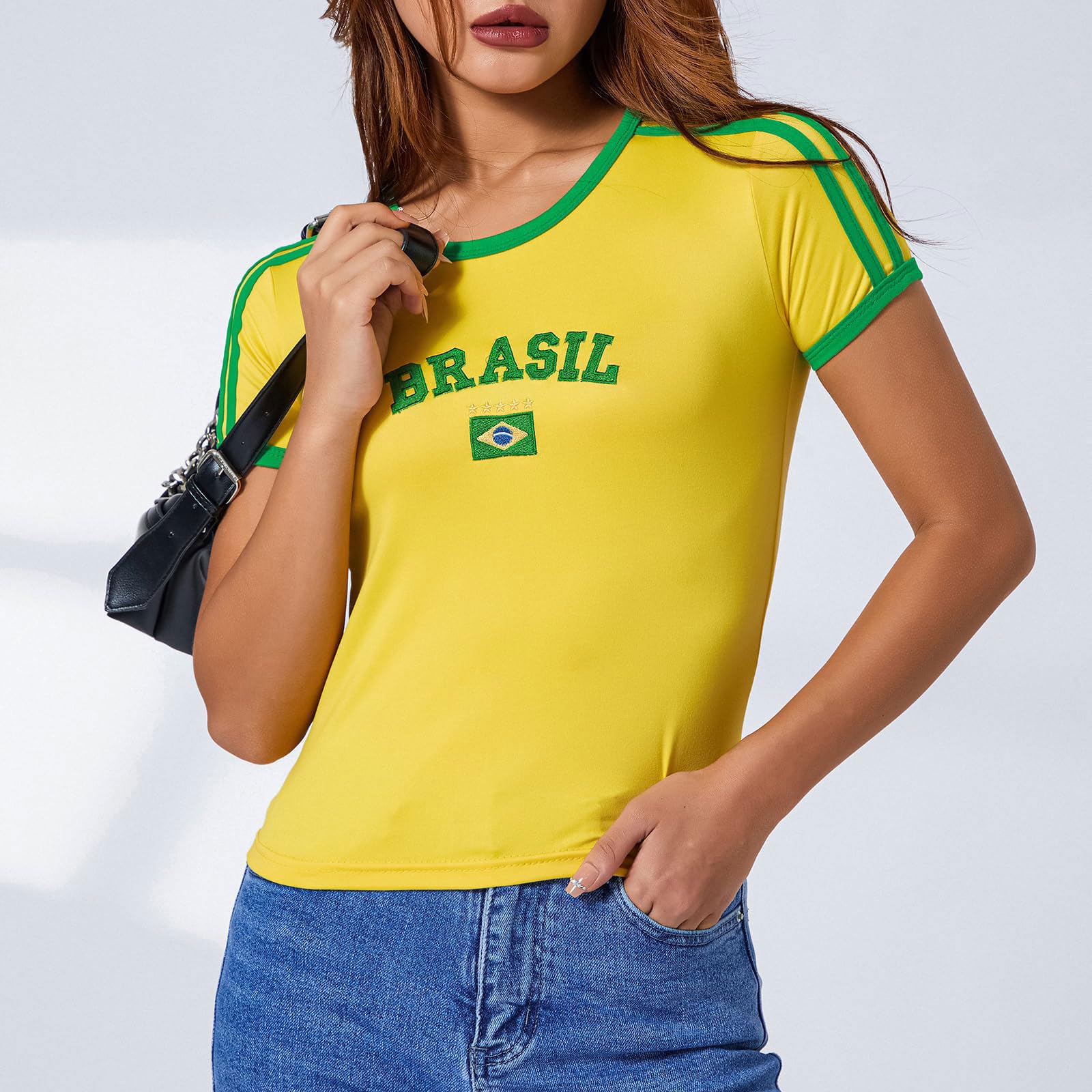 Maglietta Brasile Calcio Donna Rapida e Traspiranti Maglia da Calcio a Maniche Corte Slim-Fit Palestra Top Sportivo per Gli Appassionati di Calcio Stili Multipli S/M/L