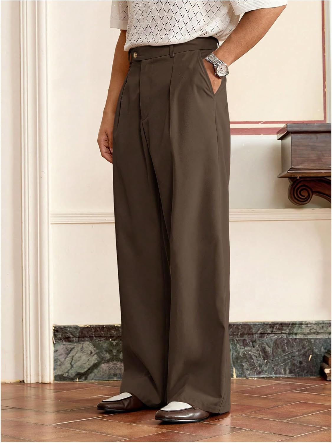 Men's Pleated Baggy Dress Pants High Waisted Wide Leg Pants Casual Work Trousers with Pockets Slacks for Men - Image 3