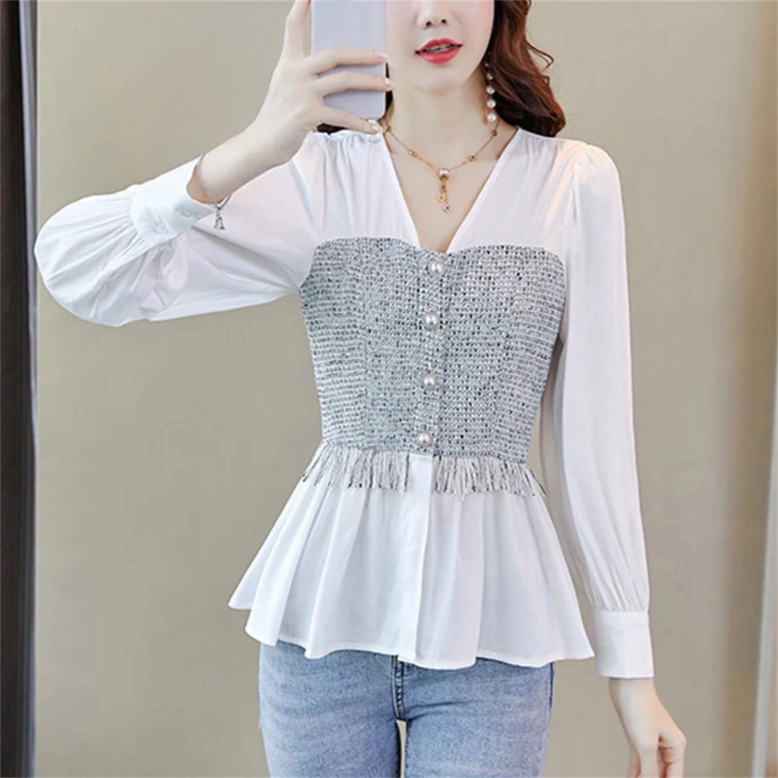 Blusas de primavera y verano para mujer, elegantes, informales, con borlas, de manga larga
