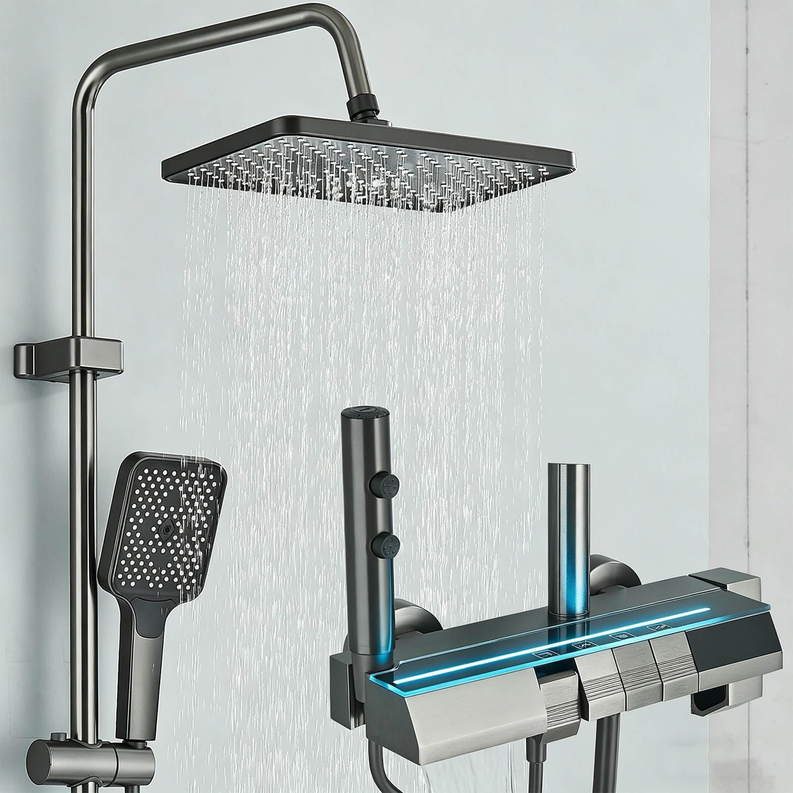 Columna de Ducha Inteligente con Pantalla LED Mezclador de 4 Vías con Cabezal de Lluvia Sobredimensionado, Ducha de Mano 3 Modos y Grifo Cascada - Altura Regulable Construcción en Acero Inoxidable