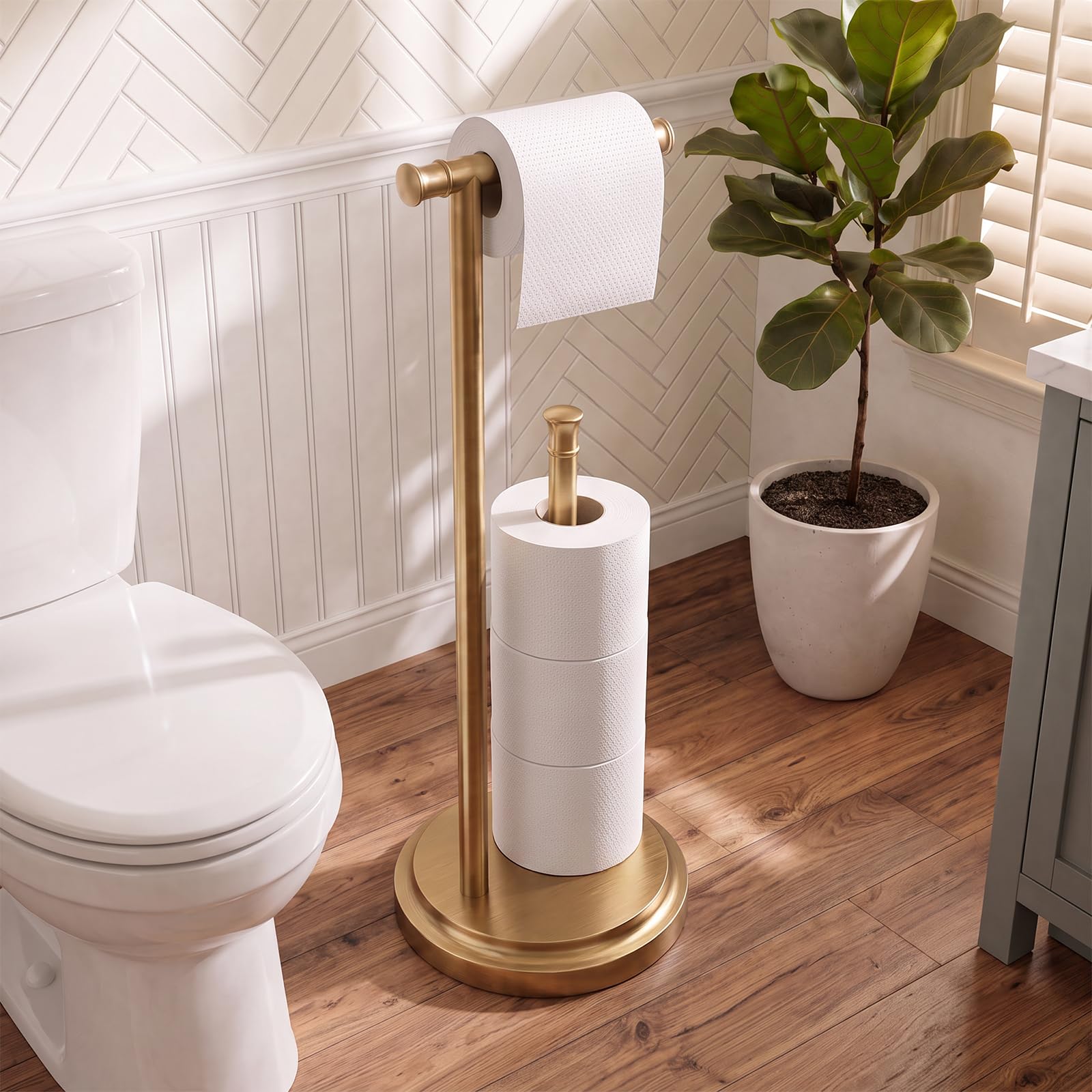 Hoimpro Toilet Paper Holder Stand Bathroom Free Standing Brushed Gold — Amazon image 2