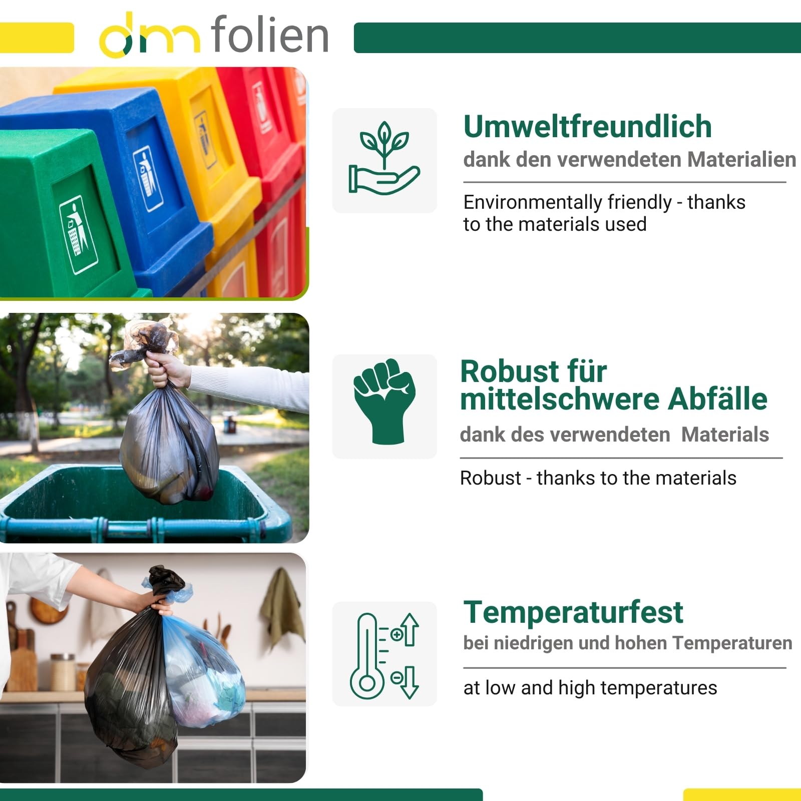 dm-folien Schwarze Müllsäcke 120 Liter I 250 Stück I 700 x 1100 mm I Große Abfallbeutel für leichte bis mittelschwere Abfälle I Reißfeste Müllbeutel aus LDPE Regenerat I Foliensäcke 34 my