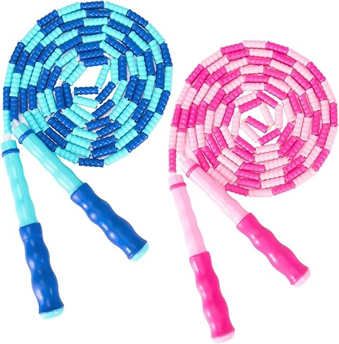 Paquete de 2 cuerdas de saltar para niños, cuerda de saltar ajustable sin enredos, cuerda de saltar con cuentas suaves segmentadas, cuerda de salto