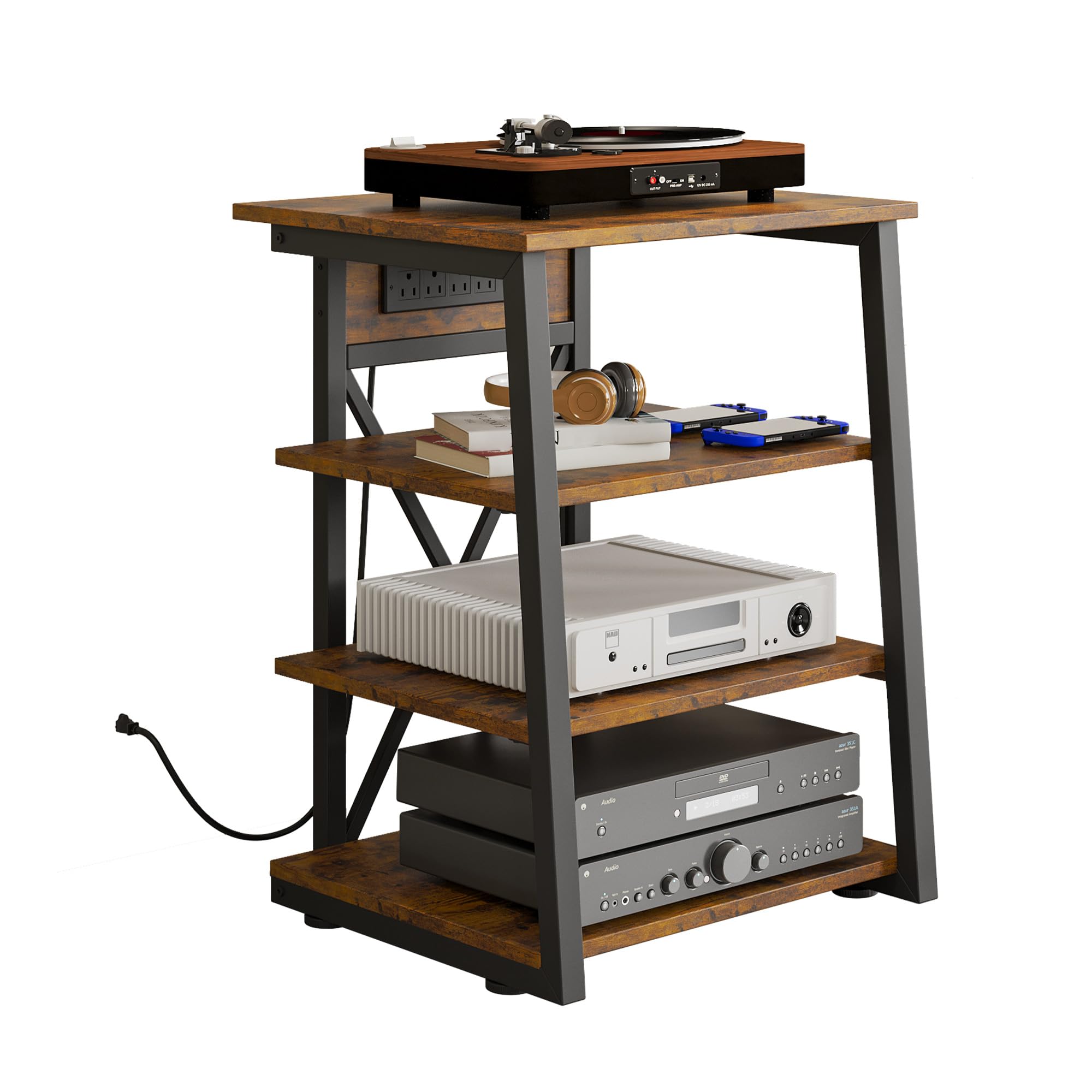 Garvee Estantería Audiovisual Esquinera 4 Niveles Marrón Rústico, Mueble Tocadiscos con Carga USB, Estantes Ajustables y Estructura Metálica En X para Salón y Multimedia 60×48×77 cm