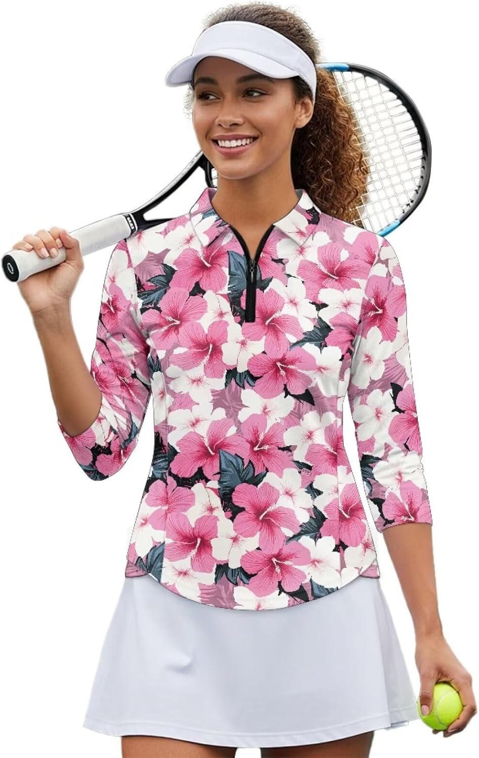Womens 3/4 Sleeve Polo Shirts Sun Protection Zip Up Golf Shirt Tennis Tops Athletic Outfits Activewear for Women