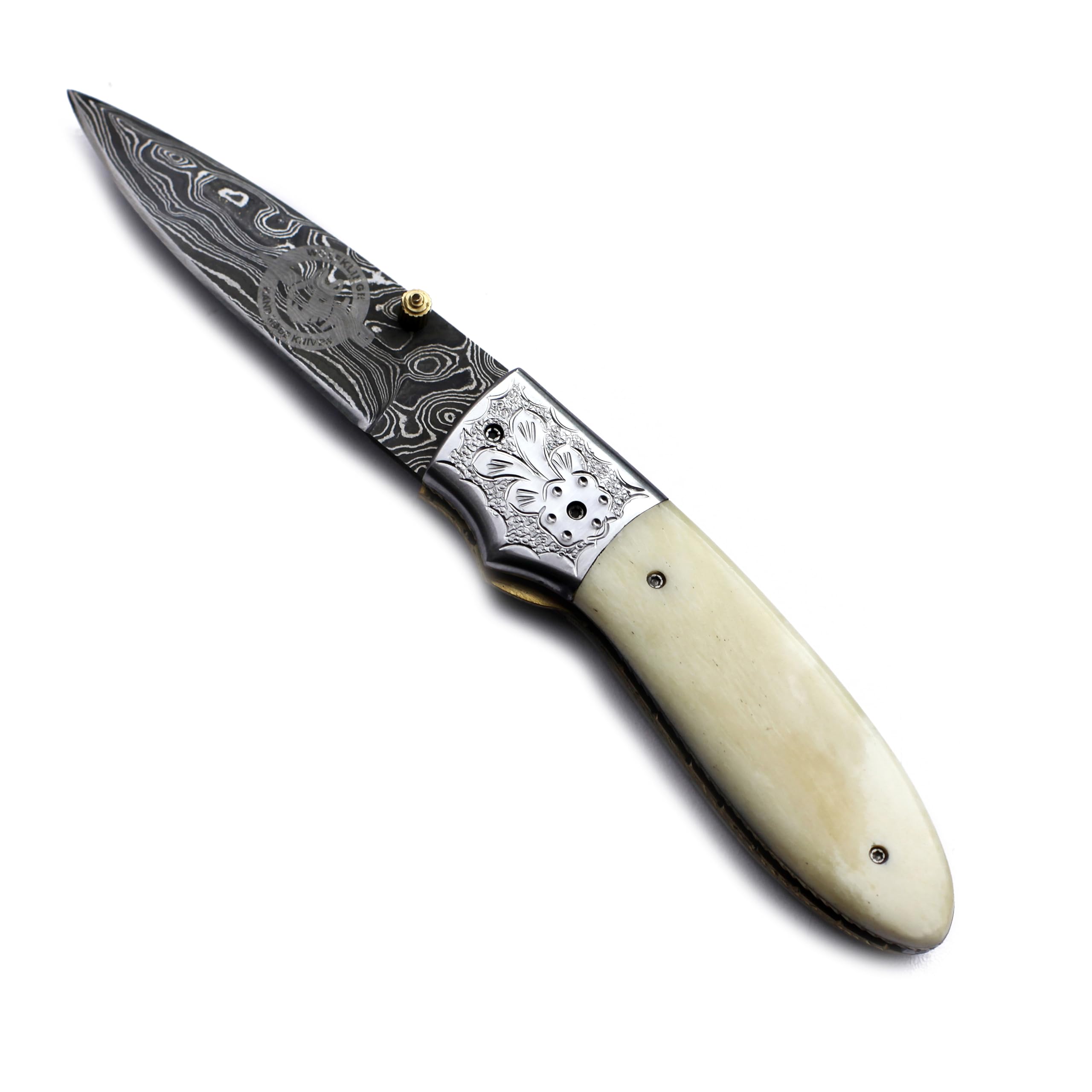 WÖLFKLINGE OUTDOOR GEAR WolfKlinge Damascus Handmade Folding Pocket Knife for with Camel Bone Handle withCowHide-Leather Sheath WFD-2561