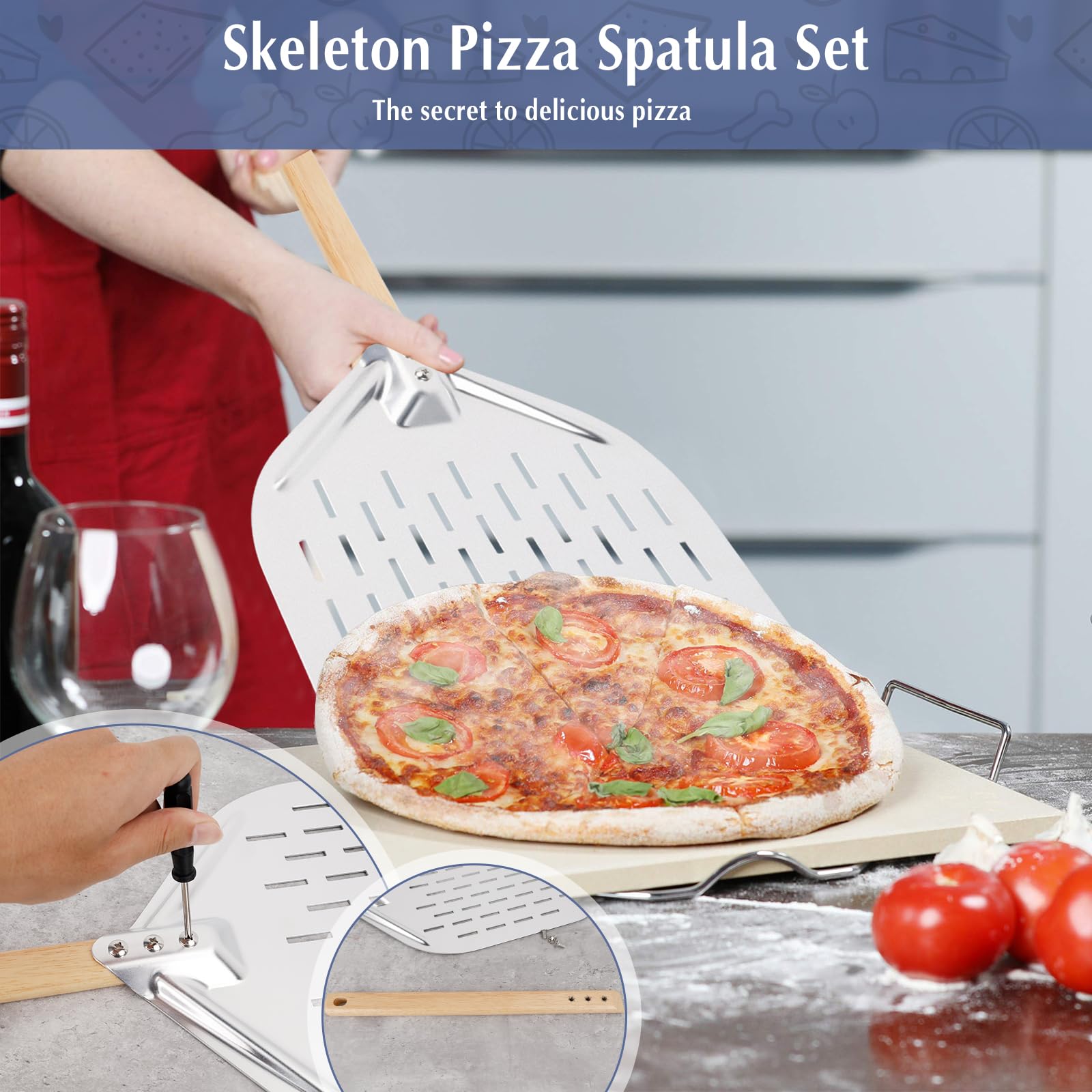 Pelle à Pizza en Aluminium 40 x 30 cm, Planche à Pizza avec Pinceau à Huile, Manche en Bois Amovible 38 cm, Pelle à Pizza en Métal Robuste pour Pâtisseries, Pâte, Pain, Gâteau
