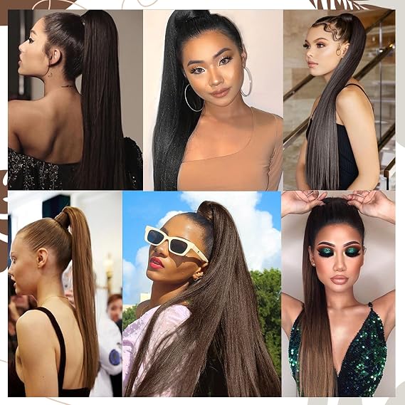DKDDSSS Ponytail Extension, 24 Inch Long Straight Ponytail Synthetic Hairpieces Fake Pony Tails Hairpiece for Women, Long Wrap Around Ponytail Hair Extension, Black