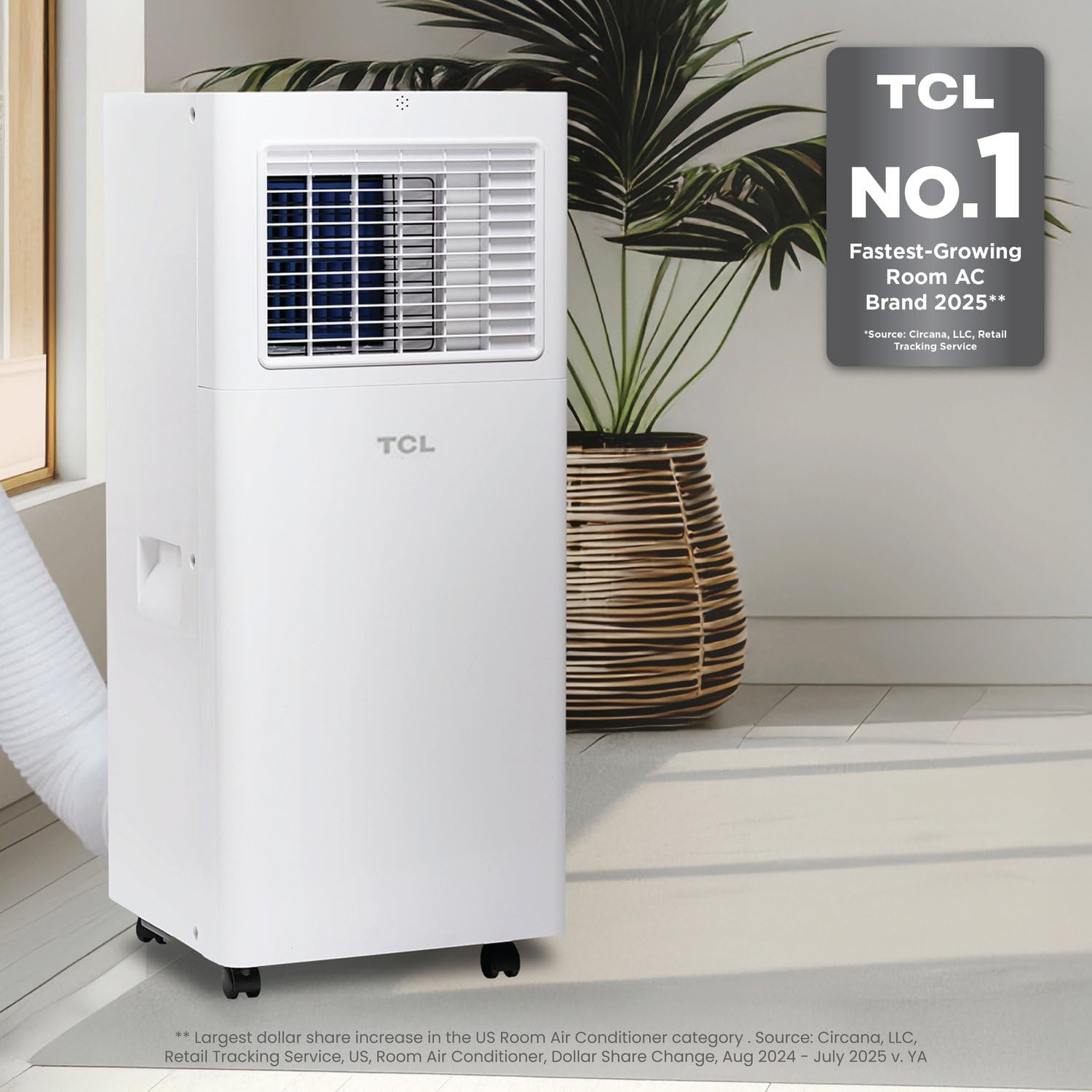 TCL 5,000 BTU Smart Portable Air Conditioner in a modern room setting