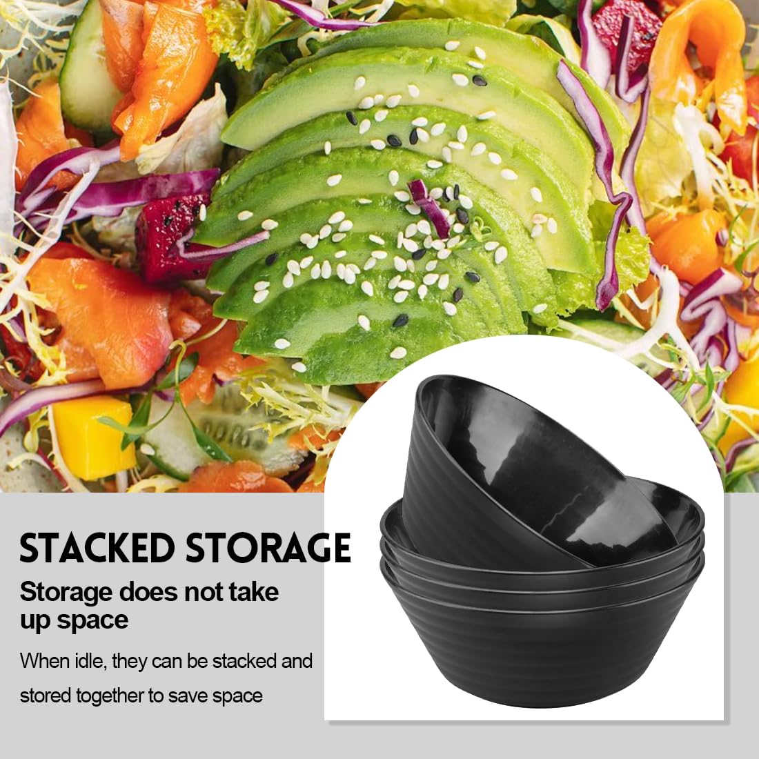 Ciotole Grandi Nere 4 Pezzi 1200ml, 20cm, Infrangibili e Leggere, Senza BPA, Ciotole Multiuso per Insalata Zuppa Cereali Dessert, Adatte a Microonde e Lavastoviglie, Cucina Famiglia Uso Quotidiano