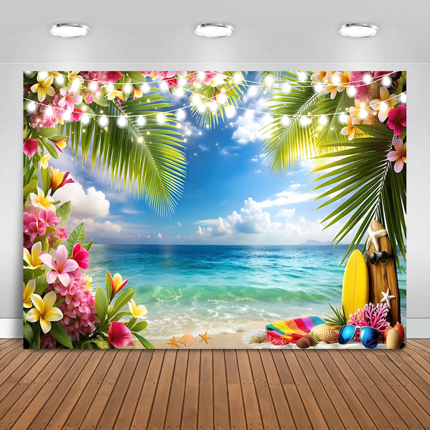 2.1x1.5m Telón de Fondo Playa Verano Cielo Hawaiano Océano Flor Tropical Hojas de Palma Tabla de Surf Fondo de Fotografía Boda Baby Shower Cumpleaños Aloha Luau Decoraciones de Fiesta