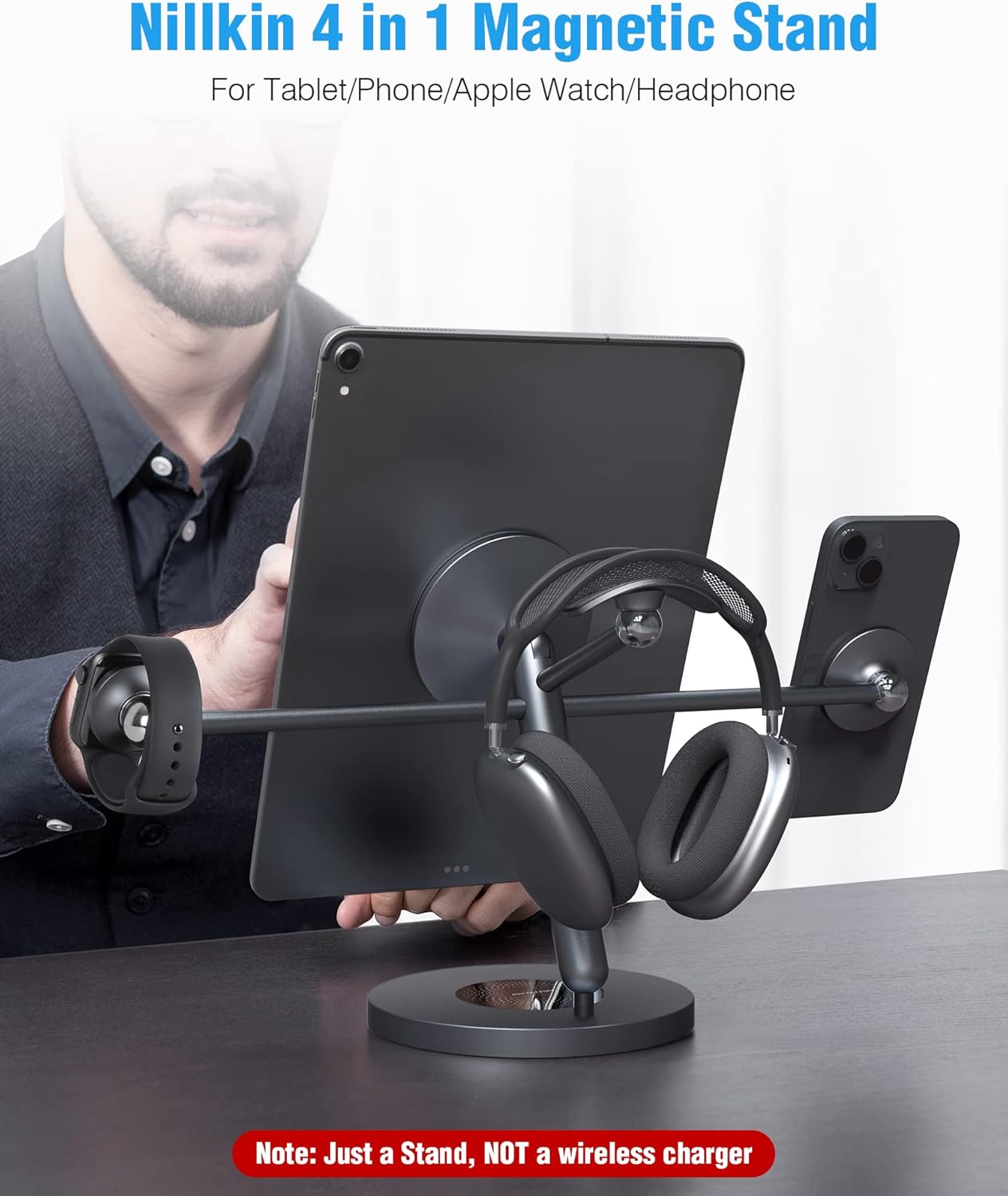 Nillkin Tablet Stand with MagSafe Ring, 4 in 1 Magnetic Stand for Tablet/Phone/Apple Watch/Headphone, 360º Rotating, DIY at Will, Aluminum Cell Phone Stand, Tablet Stand for Desk, Supports 5-13 inch