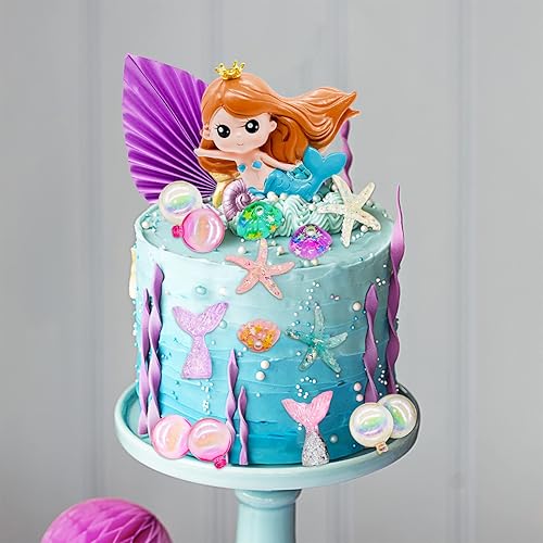 Miniatura 7 de Lukinuo Decoración para tartas de sirena, 24 piezas, figura de sirenita bajo el mar, decoración para tartas de algas, hojas de palma, estrellas de