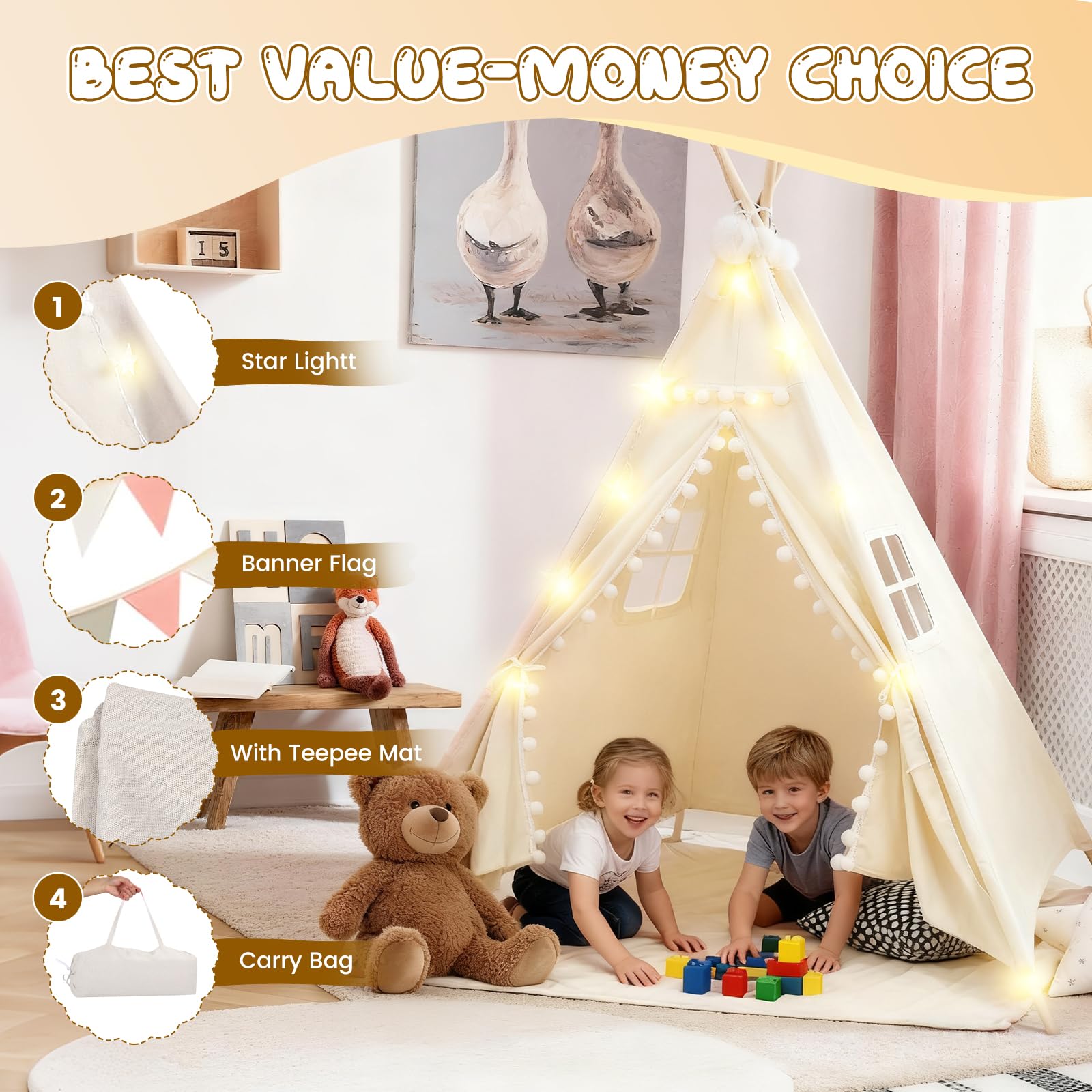 Tipi - Tente tipi pour enfant - Pour intérieur/extérieur - 120 x 140 cm - En toile - Tente tipi - Maison de jeu avec guirlande lumineuse et sac de rangement - Pour l'intérieur ou l'extérieur