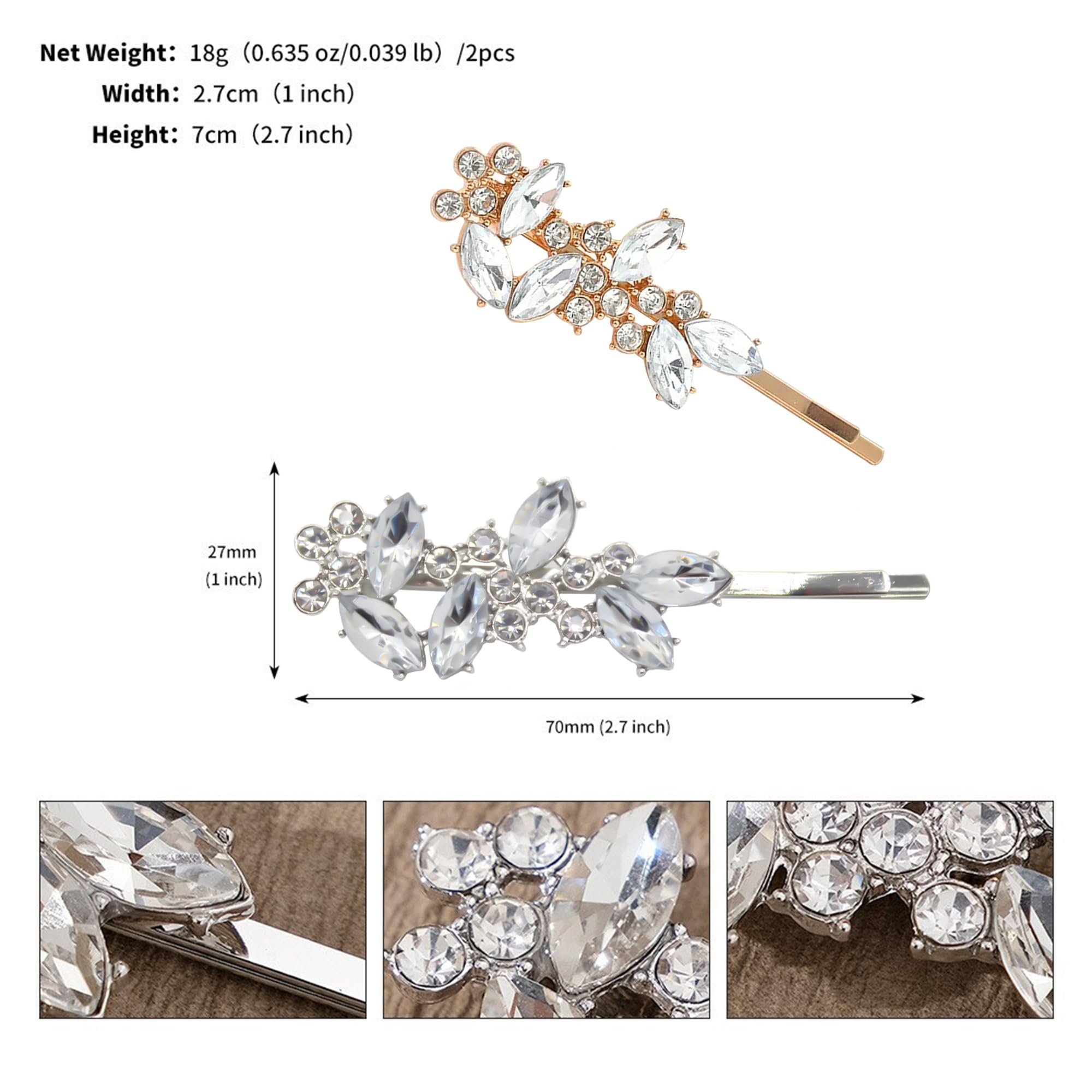 2PCS Diamante Hair Clips for Women Silver Bridal Hair Clips Gold Sparkly Wedding Faux Flower Hairpins Rhinestone Headpiece for Brides Bridesmaids Girls 1pcs Gold 1pcs Silver - Image 2