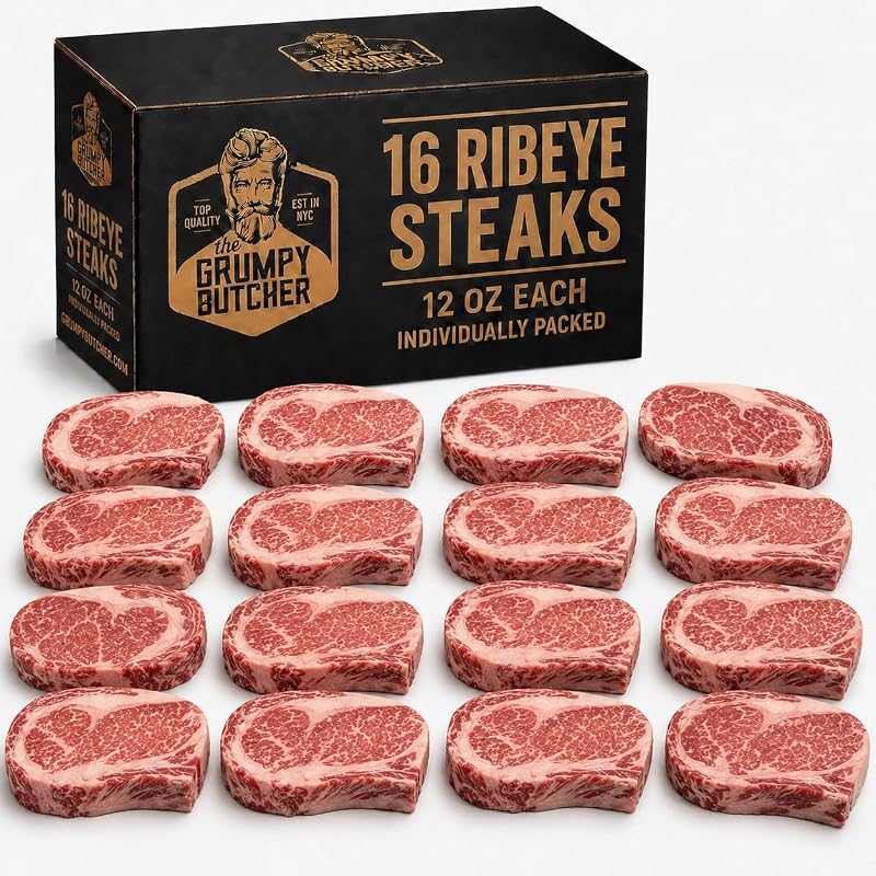 Grumpy Butcher Aged Ribeye Steaks, 16 Pack, 12 lb Total | USDA Top Choice Beef Steak, Individually Packed, Ships Frozen