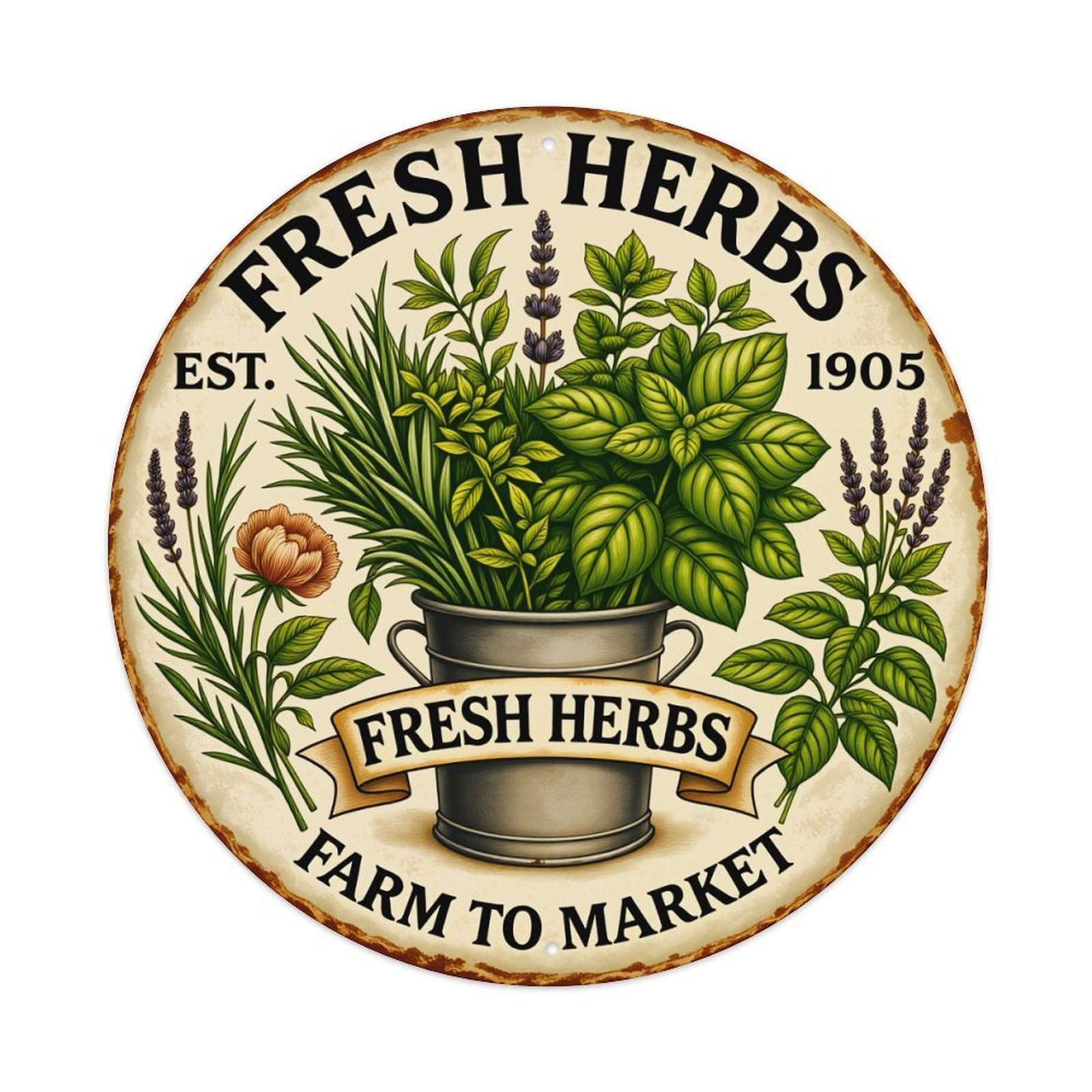 Fresh Herbs Farm To Market Round Tin Sign Vintage Style Metal Sign Home Bar Garden Wall Plaque Decor Metal Poster 8x8 Inch
