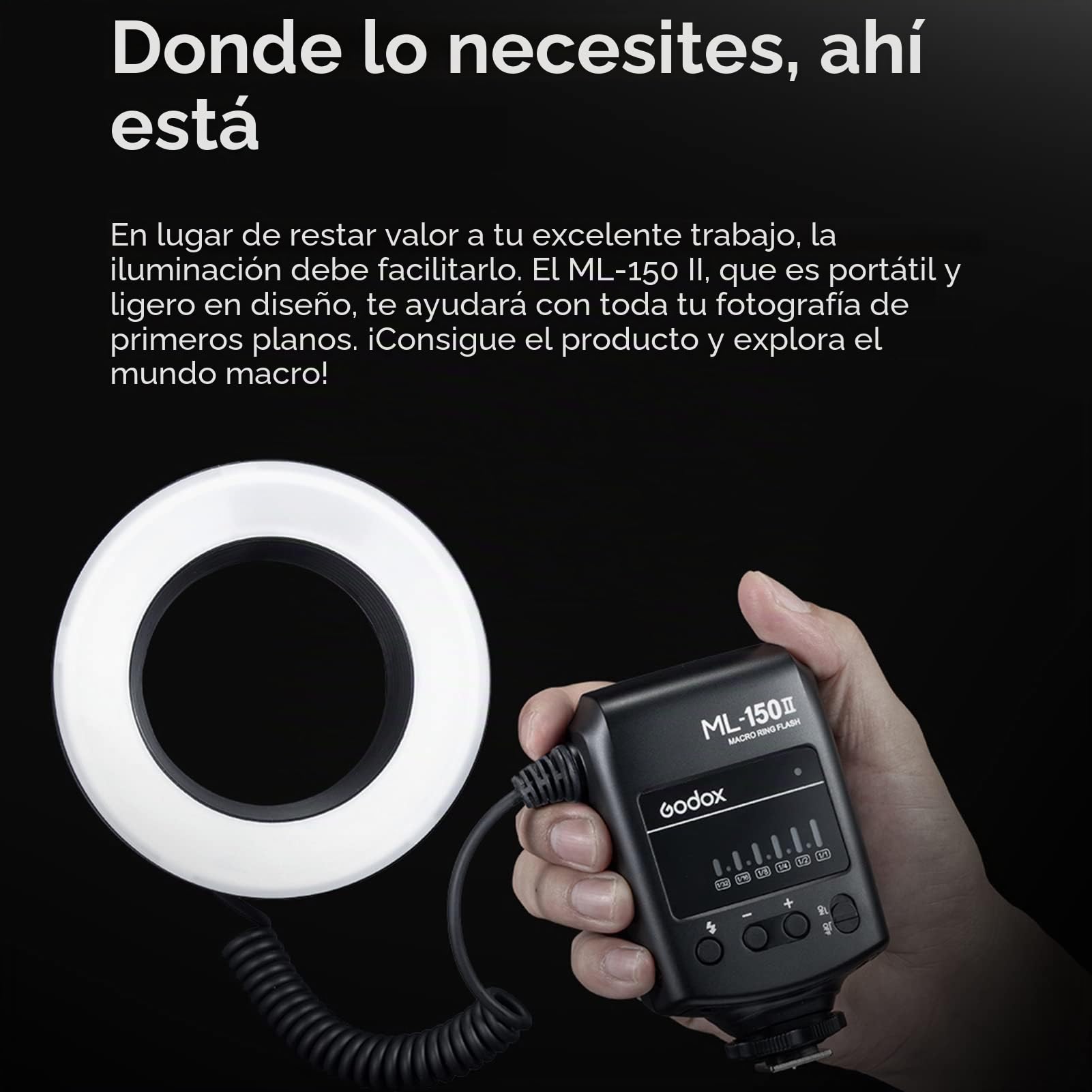 Godox ML-150II,Luz de flash para macro, universal, 11 niveles de brillo, 5800 K ± 200 K GN12 Fast Recycle 1/200s-1/5000s, con 8 anillos adaptadores, para cámara réflex Canon Nikon Sony DSLR