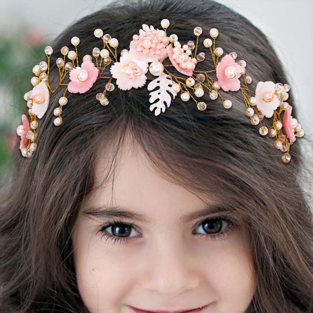 Campsis Wedding Pink Flower Girl Headpiece, Pearl Crystal Floral