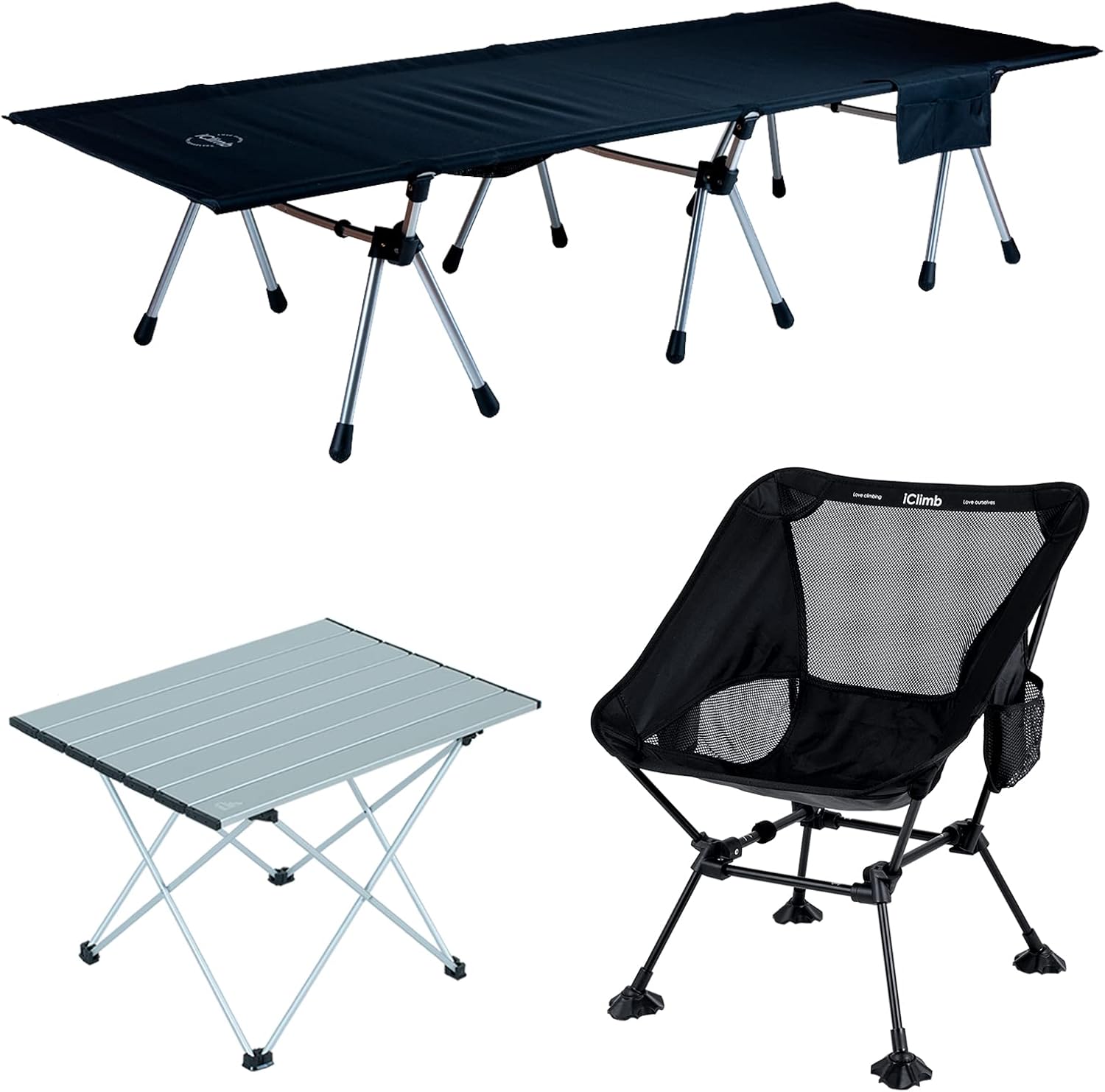iClimb 1 Two Heights Super Easy Assemble Cot and 1 Folding Table and 1 Anti-Sinking Large Feet Chair Bundle, Ultralight Compact for Solo Adult Outdoor Backpacking Camping Hiking Motorcycling