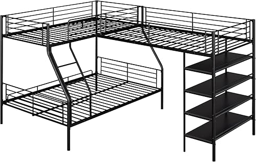Miniatura 4 de HYC Litera de metal en forma de L literas triples para tres litera individual sobre matrimonial adjunta una cama alta individual con cuatro estantes
