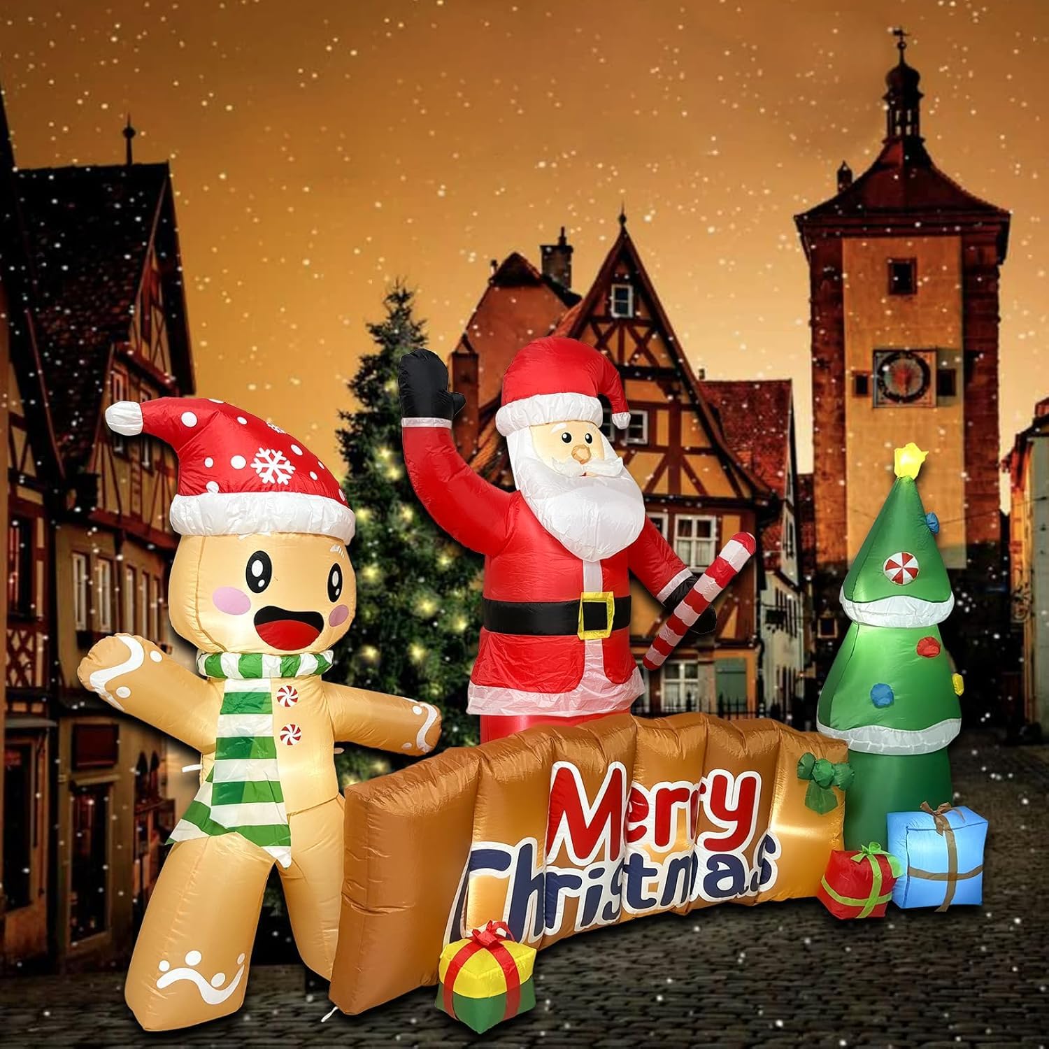 ZXSWONLY Décoration Gonflable géante (3 mètres) « Joyeux Noël » avec Père Noël, Bonhomme en Pain d'épice et Sapin – Décoration d'extérieur pour Jardin, terrasse ou pelouse