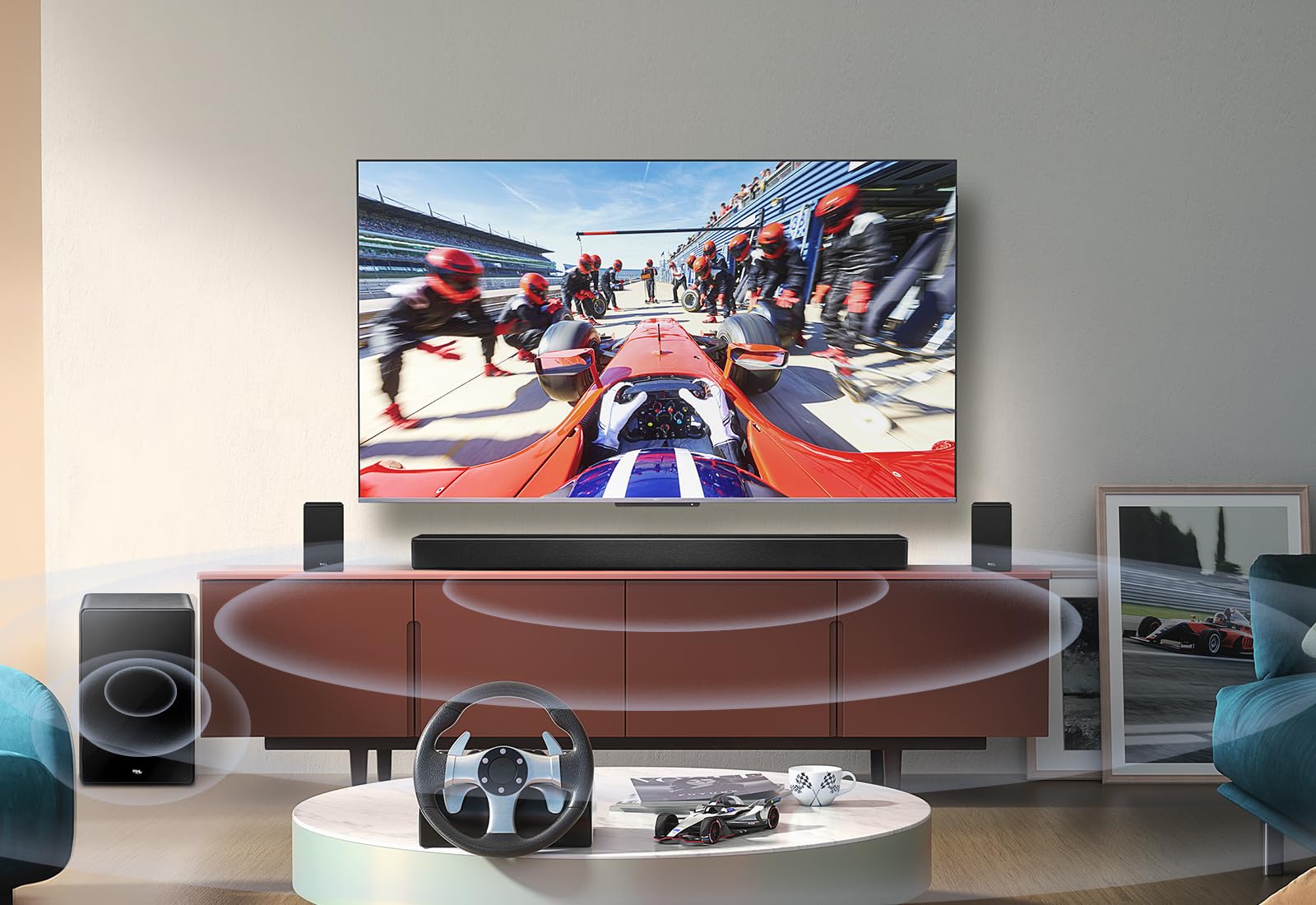 TCL Barra de Sonido Q85H Pro 7.1.4 Canales para TV, 860 vatios, Cine en casa, Sonido Cine Envolvente, expansión de Sonido, Dolby Atmos, DTS:X, Bluetooth 5.1, HDMI 2.1, Mando a Distancia único, USB