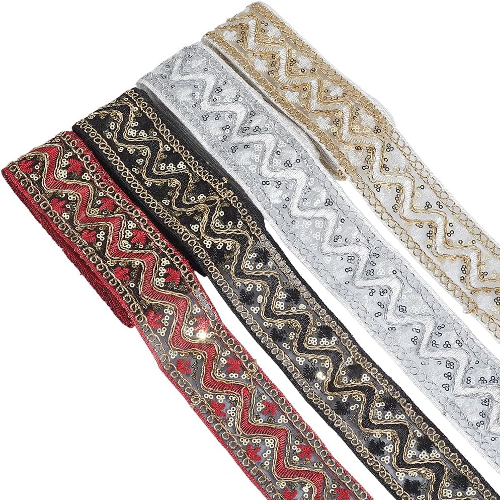 4 Colors 10 Yards 2 Inch Metallic Sequin Jacquard Ribbon Embroidered Trim Tape Boho Sheer Embroidery Woven Fabric Applique Trimming Set for Sewing Making Crafts Dress Clothes DIY Home Decor