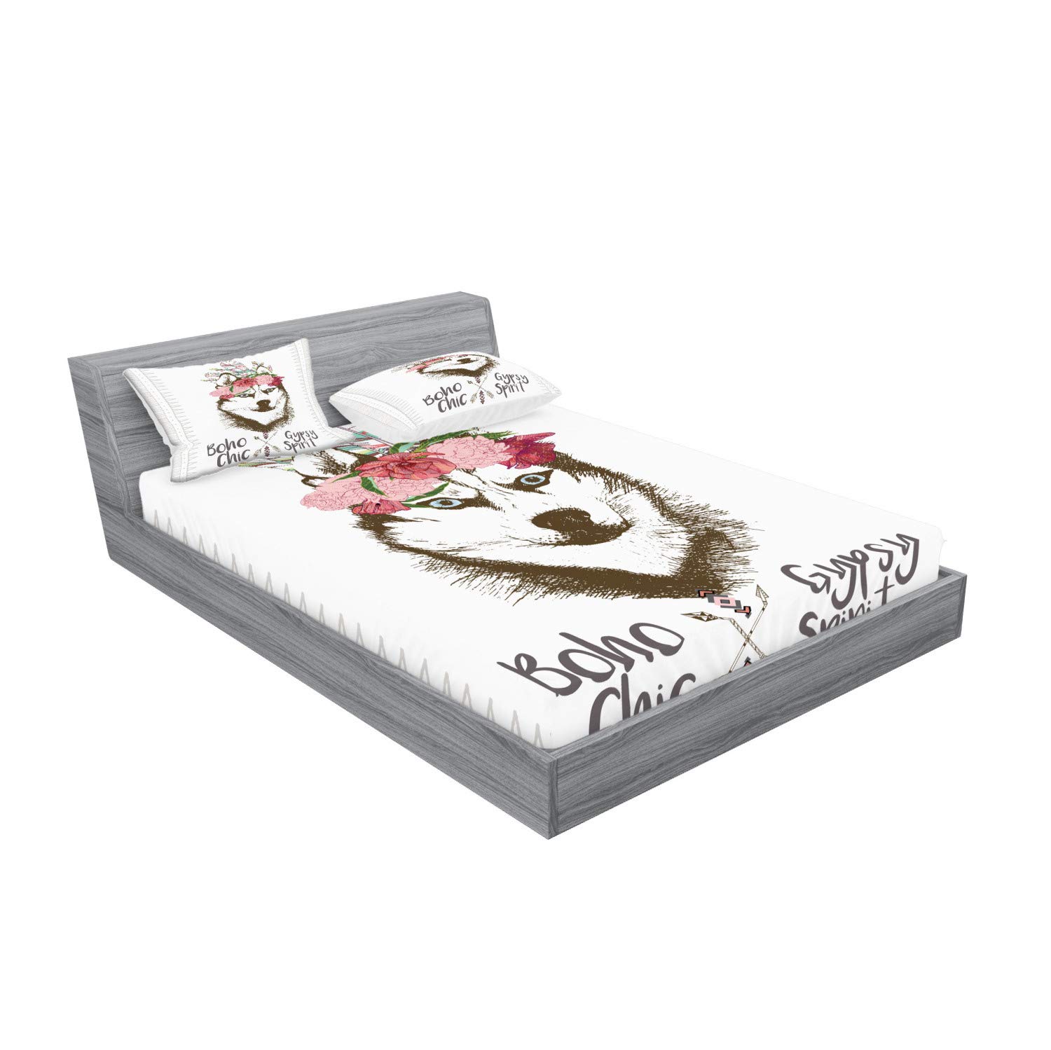 Ambesonne Wolf Fitted Sheet & Pillow Sham Set, Pattern of Floral Head Portrait of Siberian Husky Dog Tribal Arrow Elements Image, Decorative Printed 3 Piece Bedding Decor Set, Queen, Rose Brown