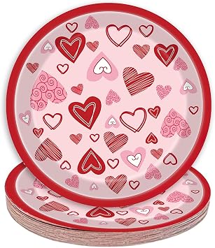 24 Pcs Valentines Day Heart Paper Plates,7" Dinner & Dessert Plates Romantic Red Heart Disposable Dinnerware for Engagements Weddings Anniversary Birthday Party Decorations 48
