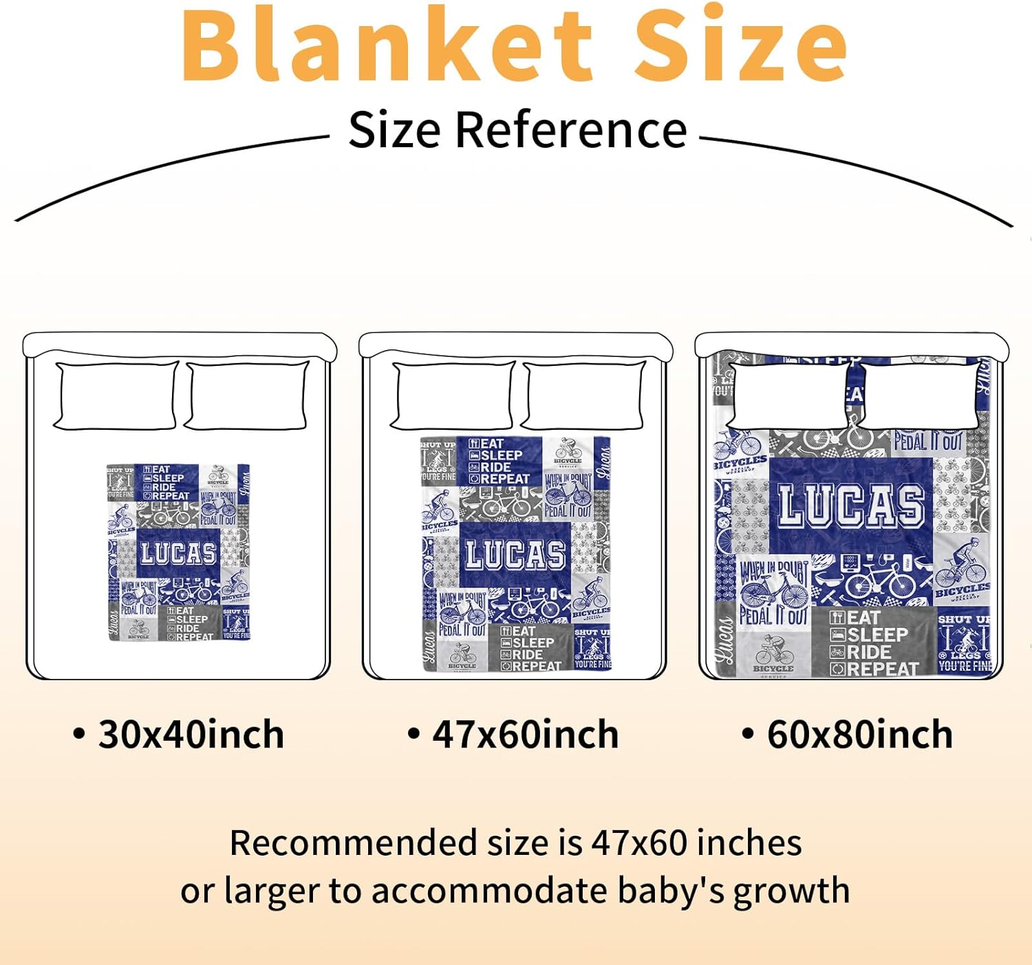 Personalized Bicycle Blanket for Kids, Custom Name Patchwork Blankets, Soft Plush Bike Rider Plaid Flannel Blanket with Double Layer Dotted Backing, Gifts for Boys Girls Baby Color15