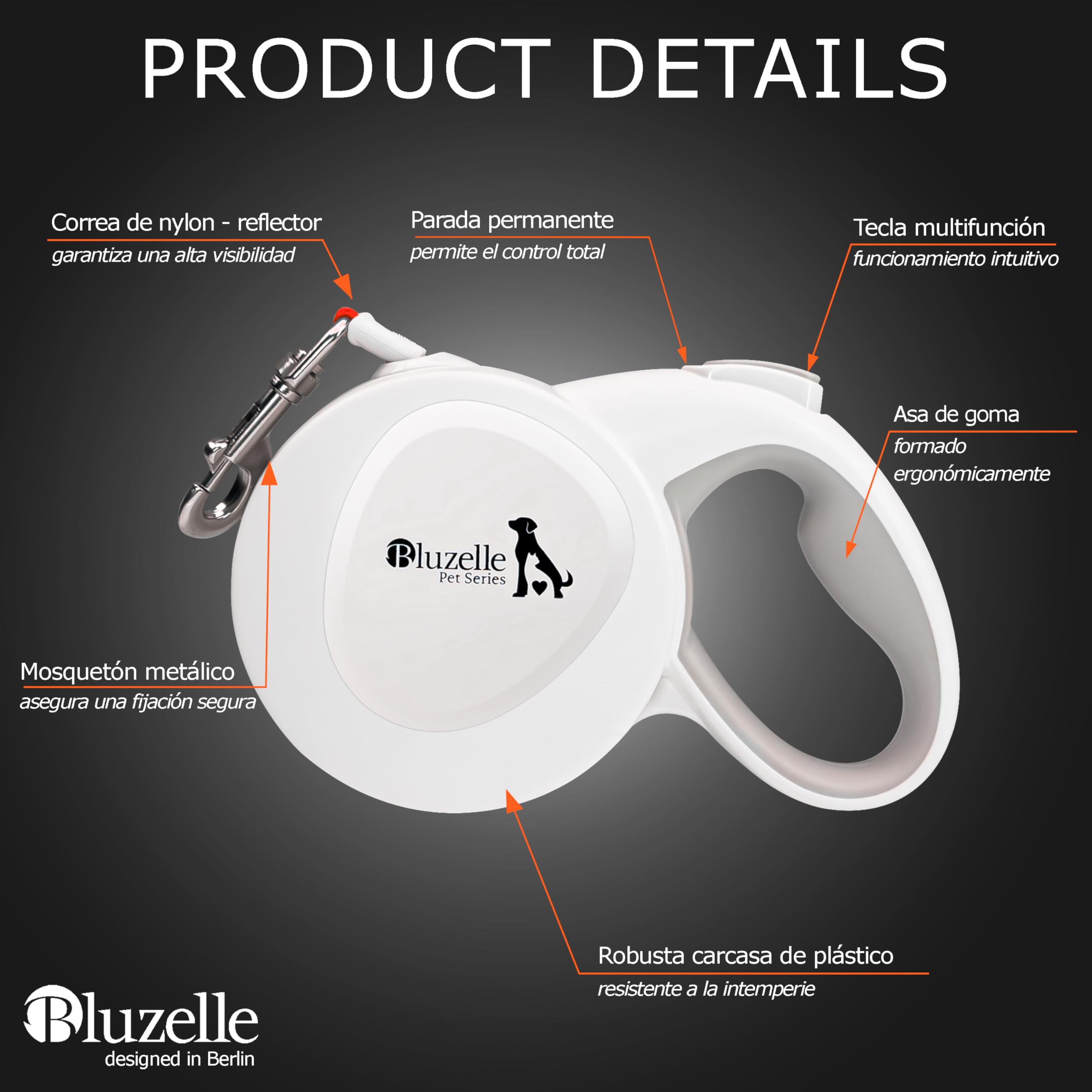 Correa Perro Extensible 8m para Perros Grandes de hasta 50kg, Correa Reflectante Naranja Brillante con Mosquetones Metálicos de 360°, Asa Ergonómica de Goma, Freno Retráctil, Blanco