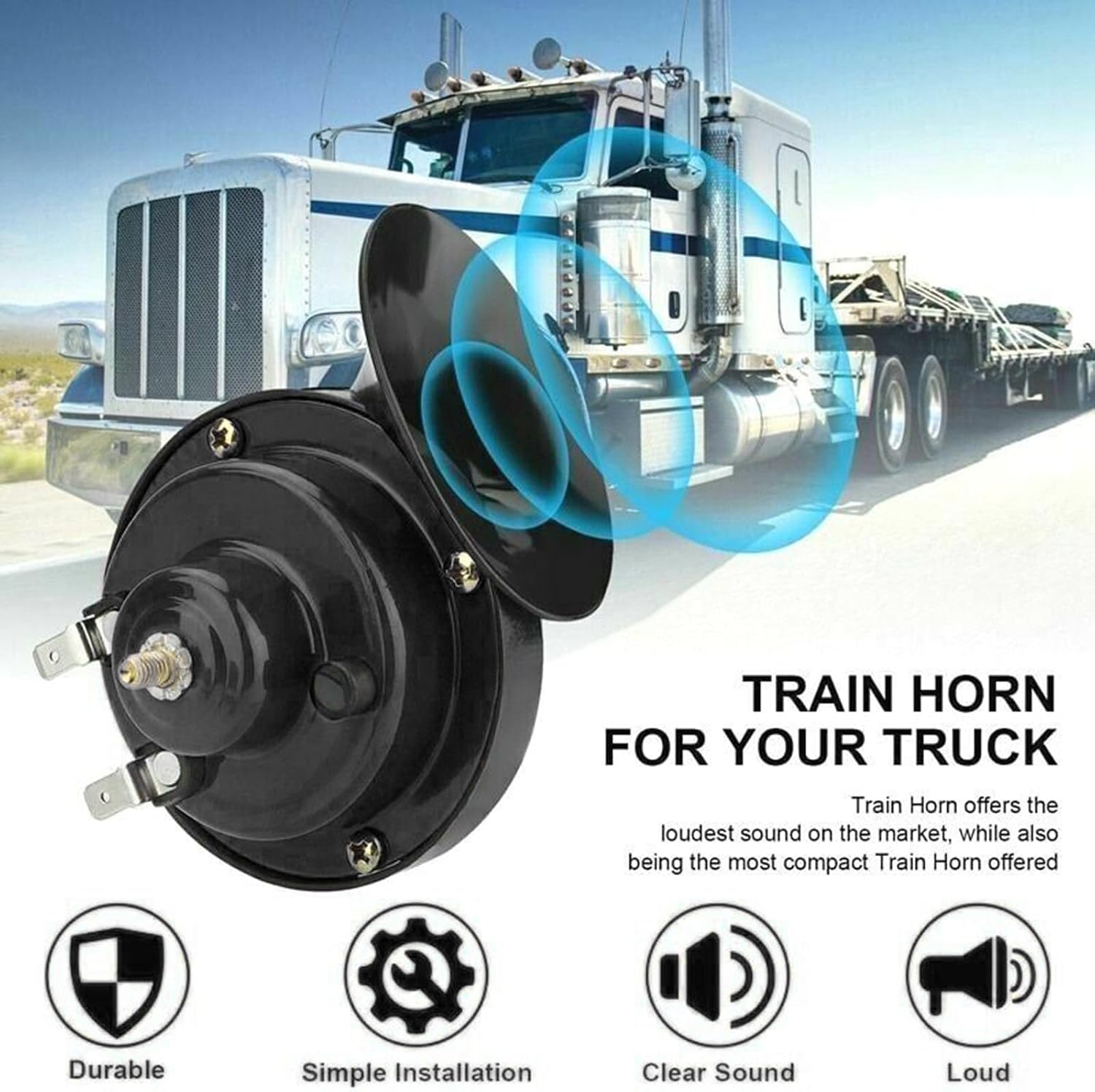 Train Horns Car Horn Car Air Electric Snail Horn 300DB Super Loud Air Horn Waterproof Automotive Accessories Universal for Car Truck Motorcycle Boat (Black, 12V, 1 Pack)