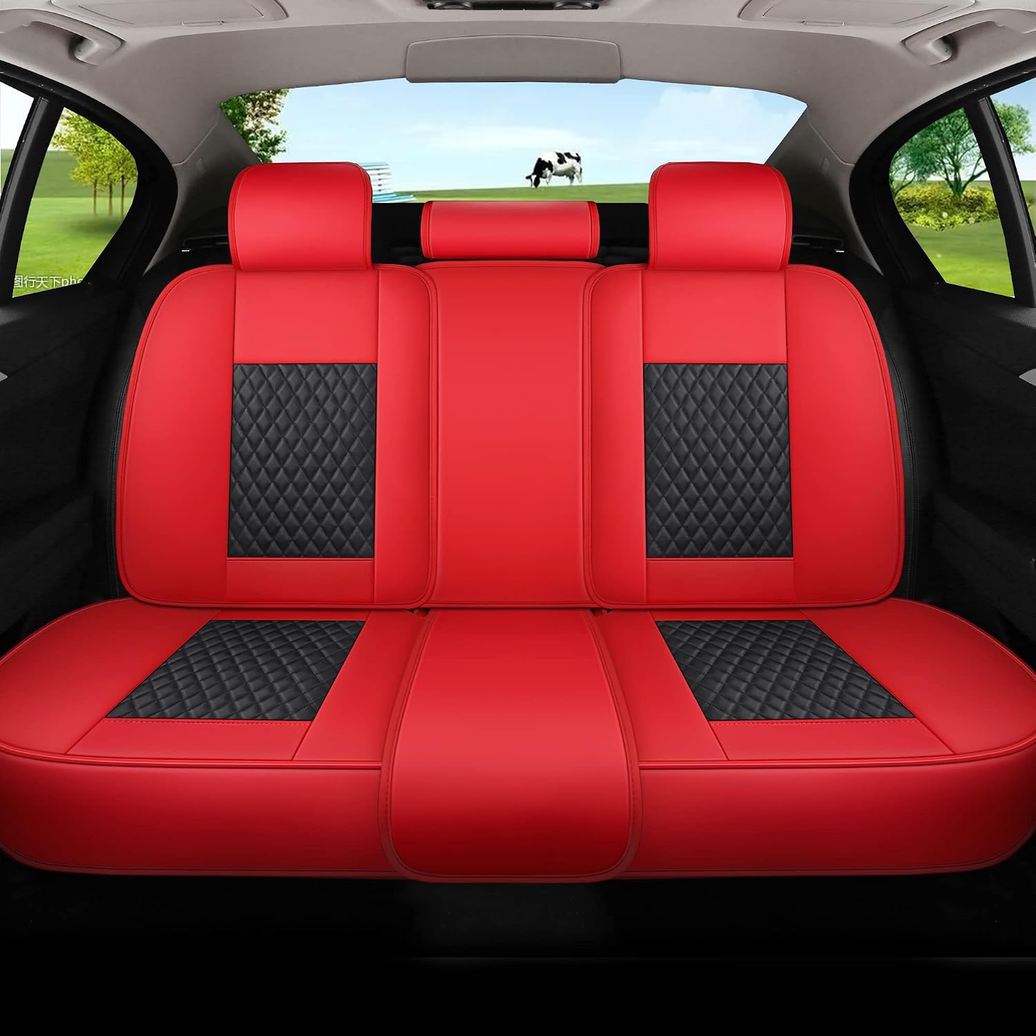 INZU Car Seat Cover 5-Seats Full Set Universal fit, Suitable for Most Cars, SUV, Airbags Compatible with Synthetic Leather Car Seat Cushion Protectors. (Black & Red)