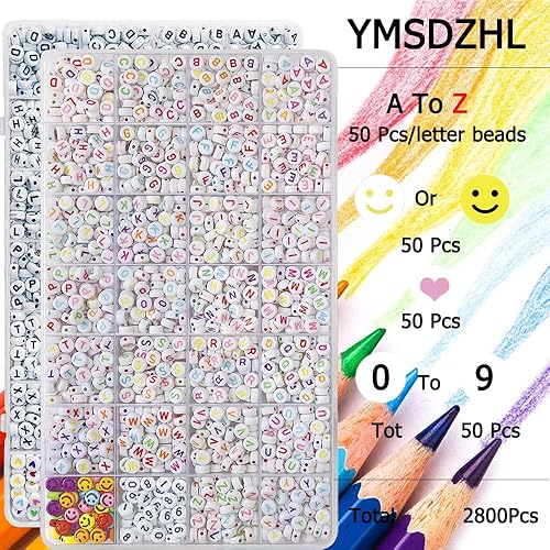 Miniatura 4 de YMSDZHL Paquete de 2500 cuentas de letras del alfabeto, 0.157 x 0.276 pulgadas A-Z y sonrisa, corazón, figura, cuentas acrílicas, cuentas para hacer