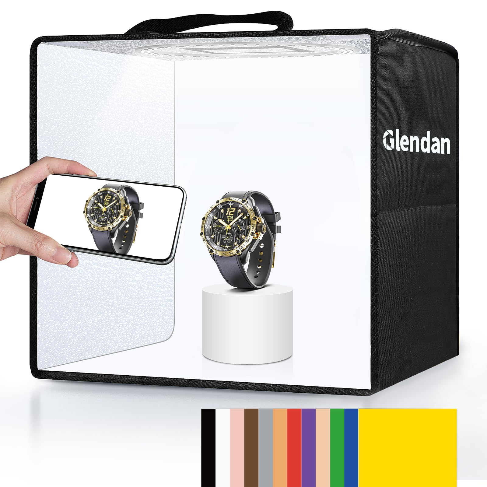 Glendan Portable Photo Studio Light Box,12"x12" Professional Dimmable Shooting Tent Kit with 112 LED Lights & 6 Backdrops for Jewelry and Small Items Product Photography — Amazon image 10