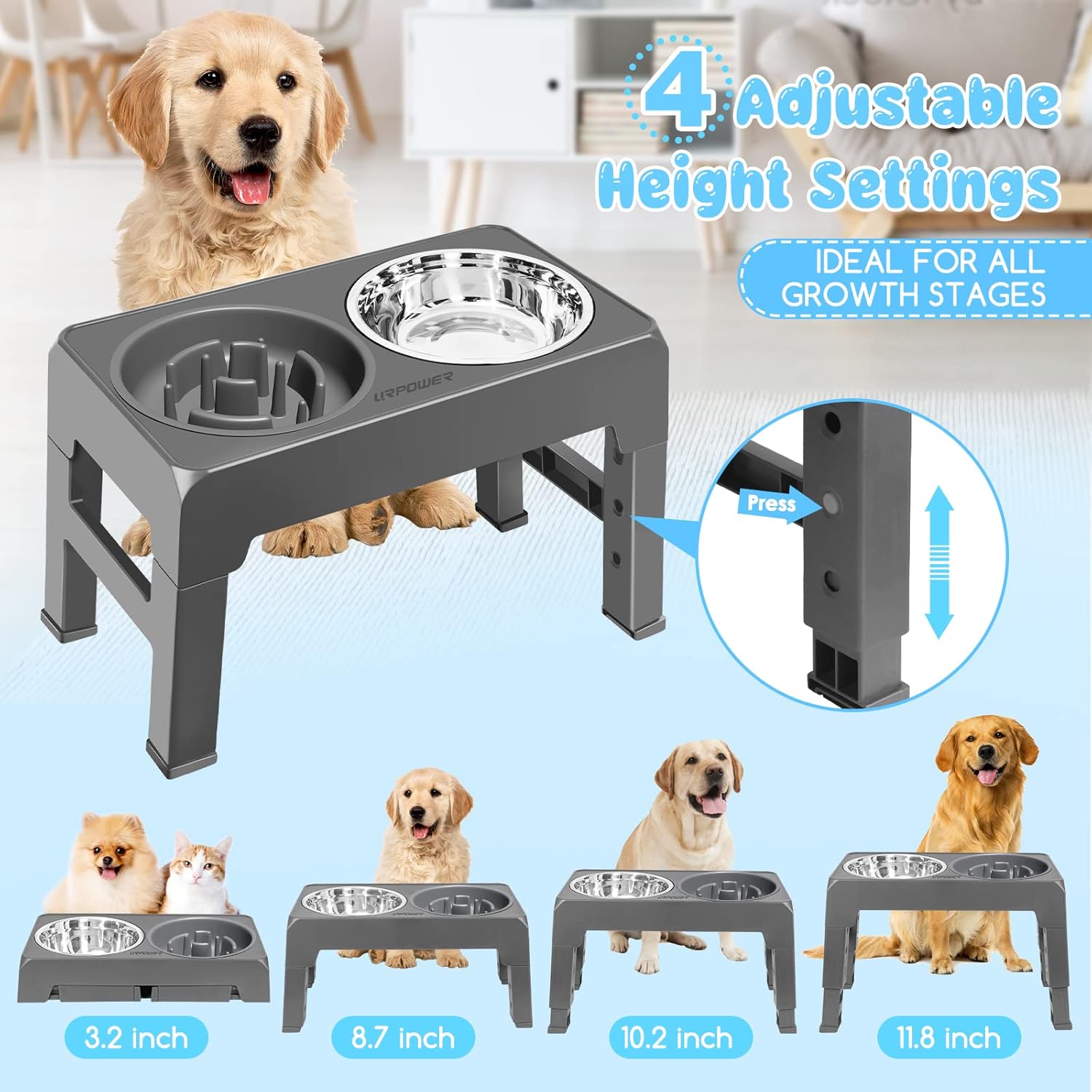URPOWER Raised Dog Bowls 4 Height Adjustable Elevated Bowl Stand with Stainless Steel Water Bowl Non-Slip Dog Food Bowls Stand for Small Medium Large Dogs and Pets