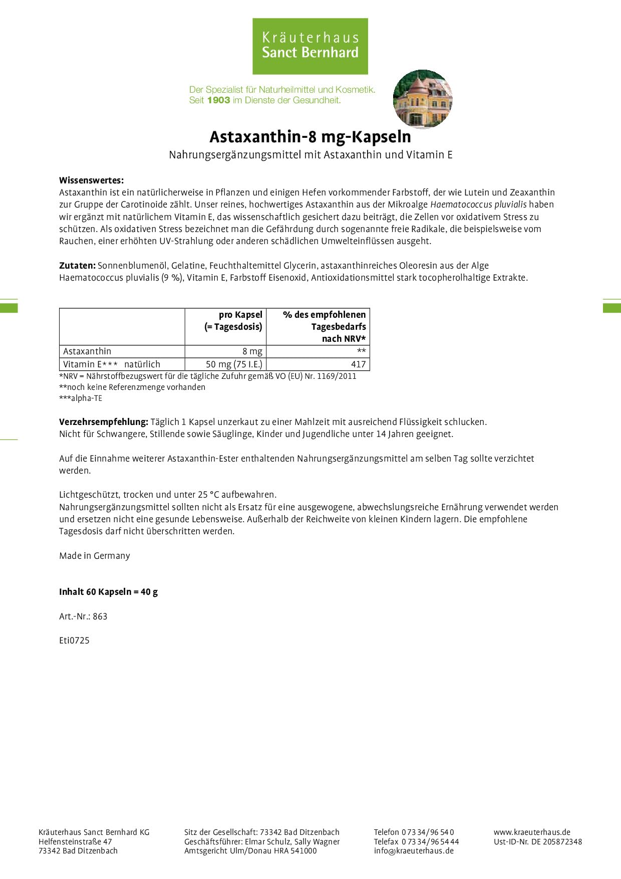 Sanct Bernhard Astaxanthin-8 mg-Kapseln, mit Astaxanthin & Vitamin E, 60 Weichkapseln für 2 Monate